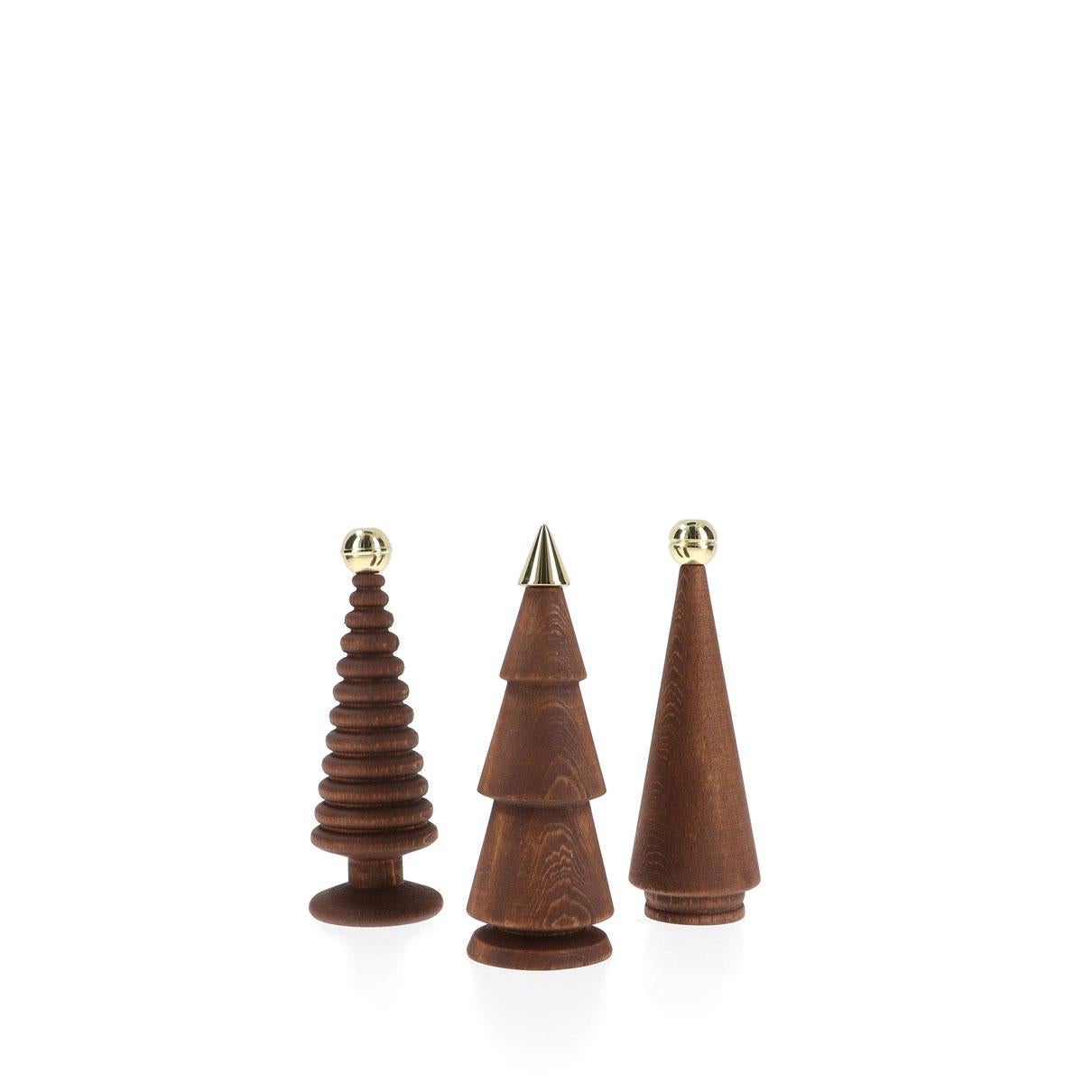 Hand-Crafted Wooden Christmas Tree Set – Brass-Tipped Brown Cedar, Medium Size For Sale
