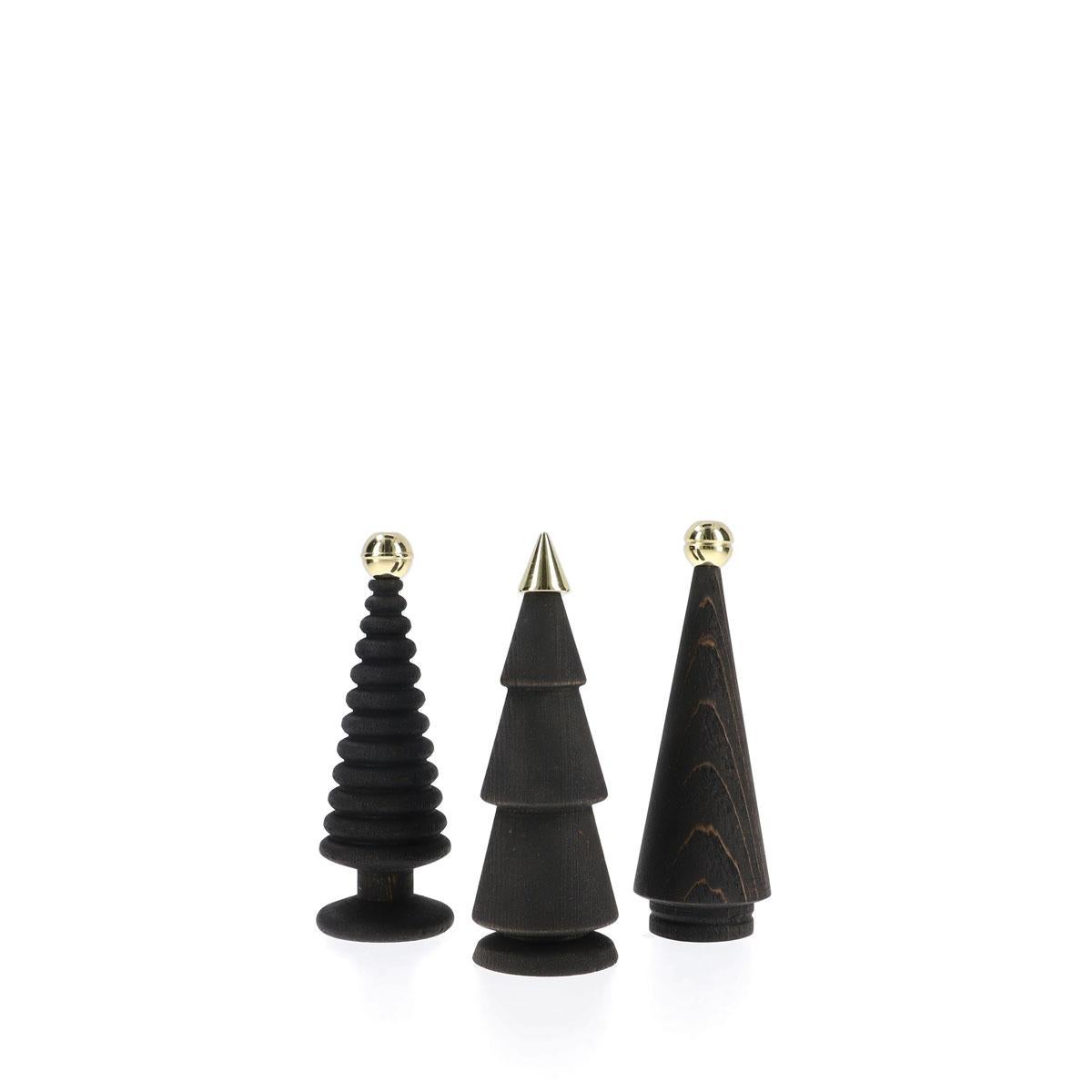 Hand-Crafted Wooden Christmas Tree Set – Brass-Tipped Brown Cedar, Medium Size For Sale
