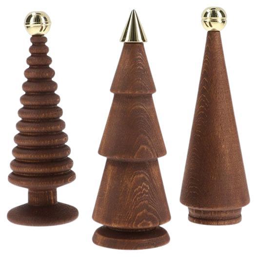 Wooden Christmas Tree Set – Brass-Tipped Brown Cedar, Medium Size For Sale