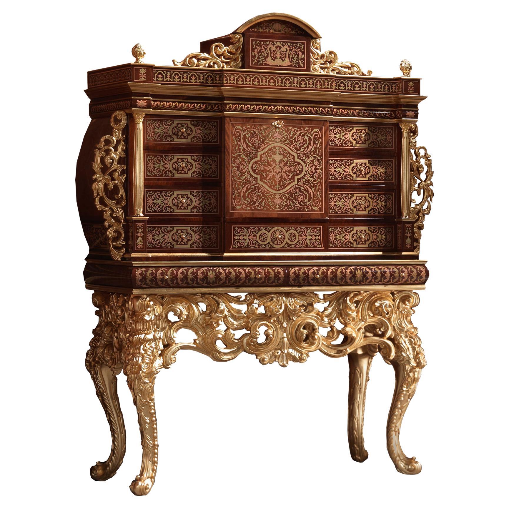 21st Century Wooden Cigar Cabinet with Baroque Carvings, Handpainted, Gold Leaf