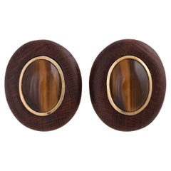 Wooden Clip Earrings with Tiger Eye Cabochons