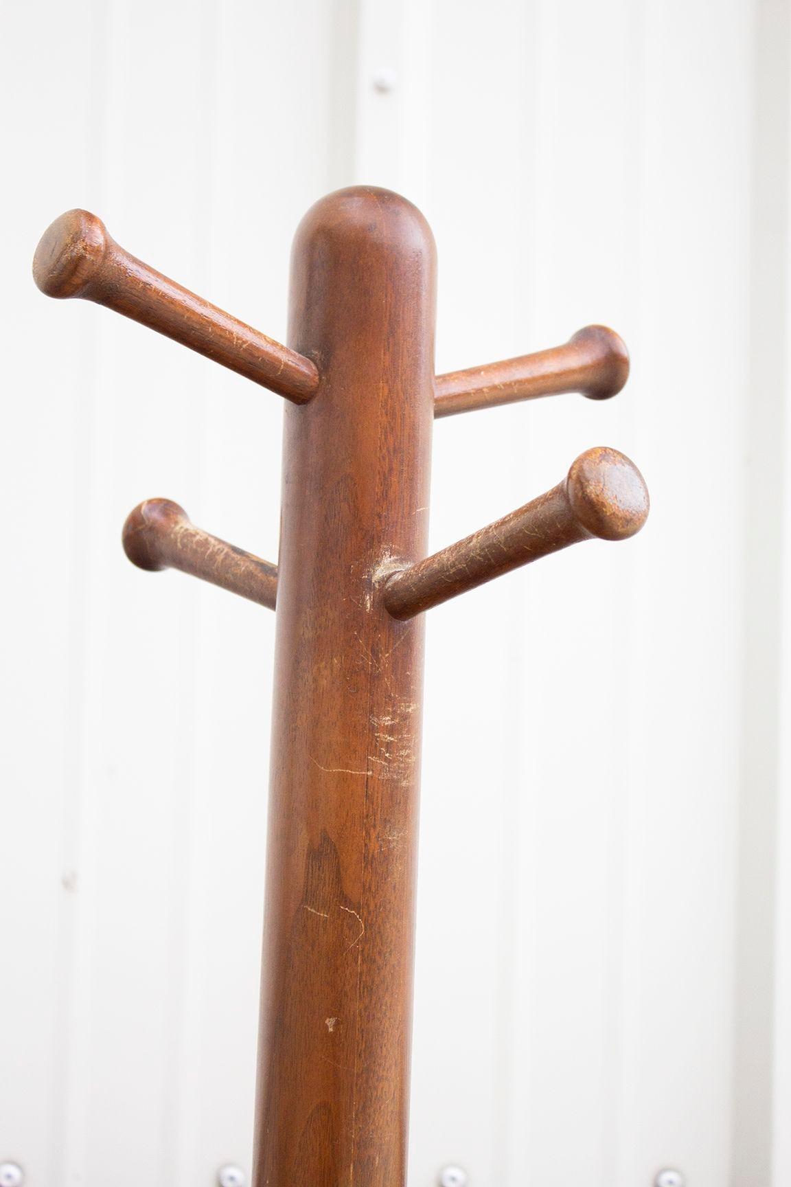 Arts and Crafts Wooden Coat Rack Stand with x Base and Carved Hooks For Sale