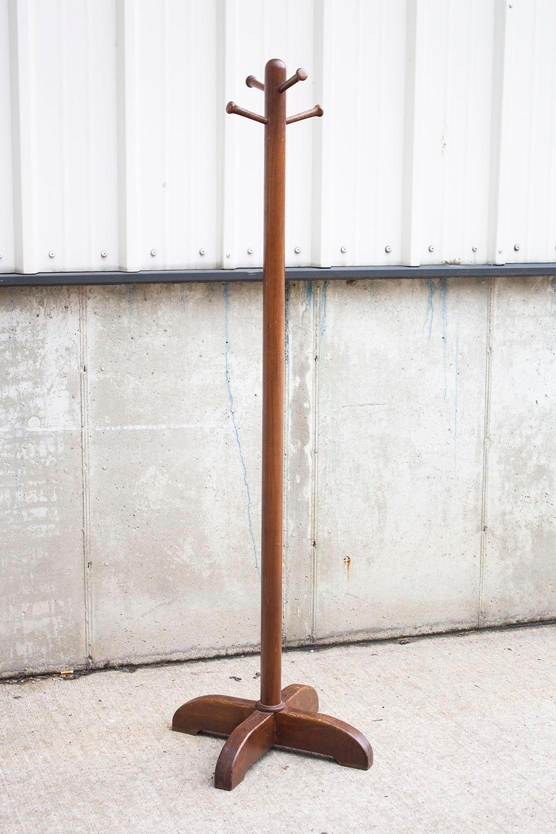 Mid-20th Century Wooden Coat Rack Stand with x Base and Carved Hooks For Sale