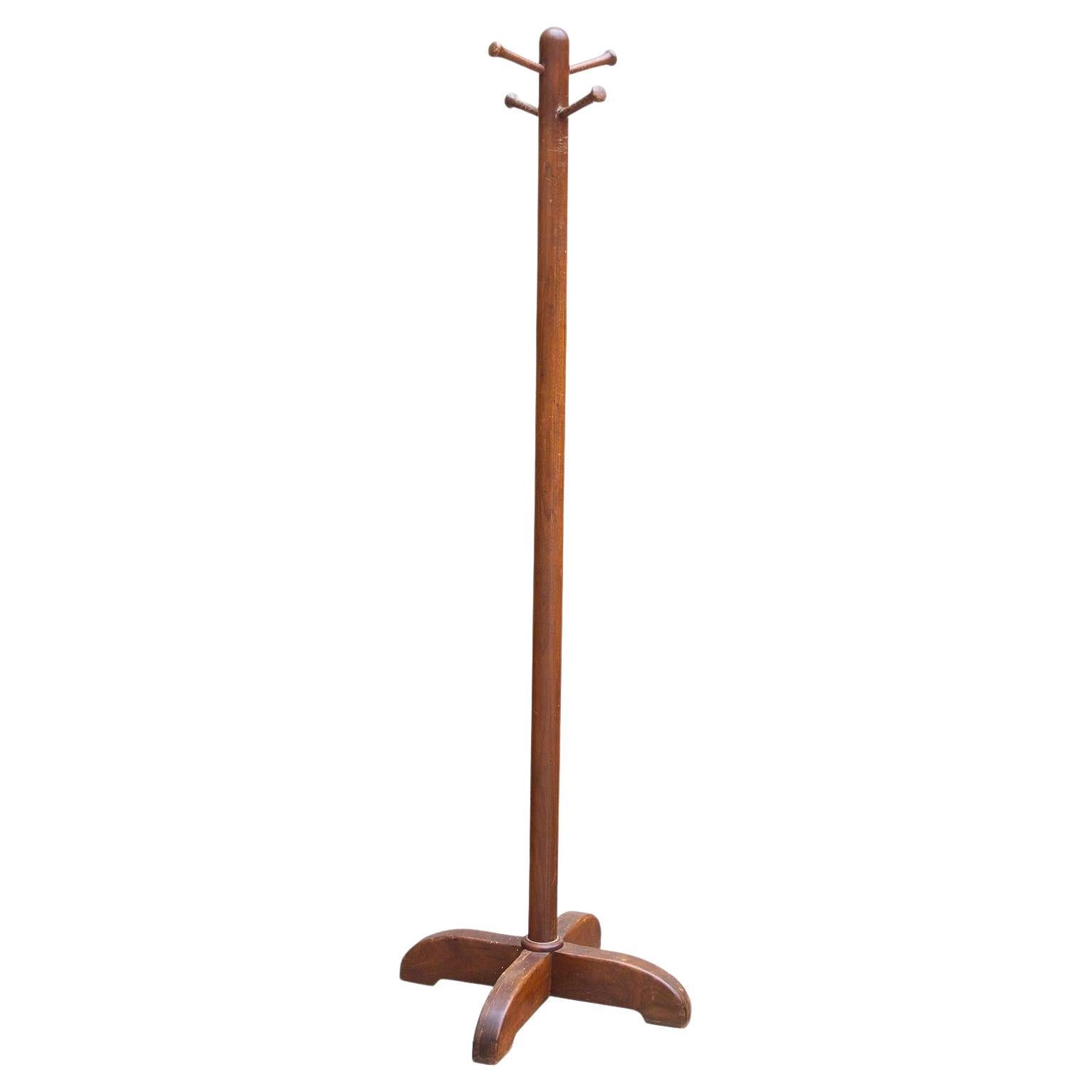 Wooden Coat Rack Stand with x Base and Carved Hooks For Sale