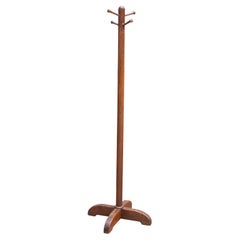 Antique Wooden Coat Rack Stand with x Base and Carved Hooks