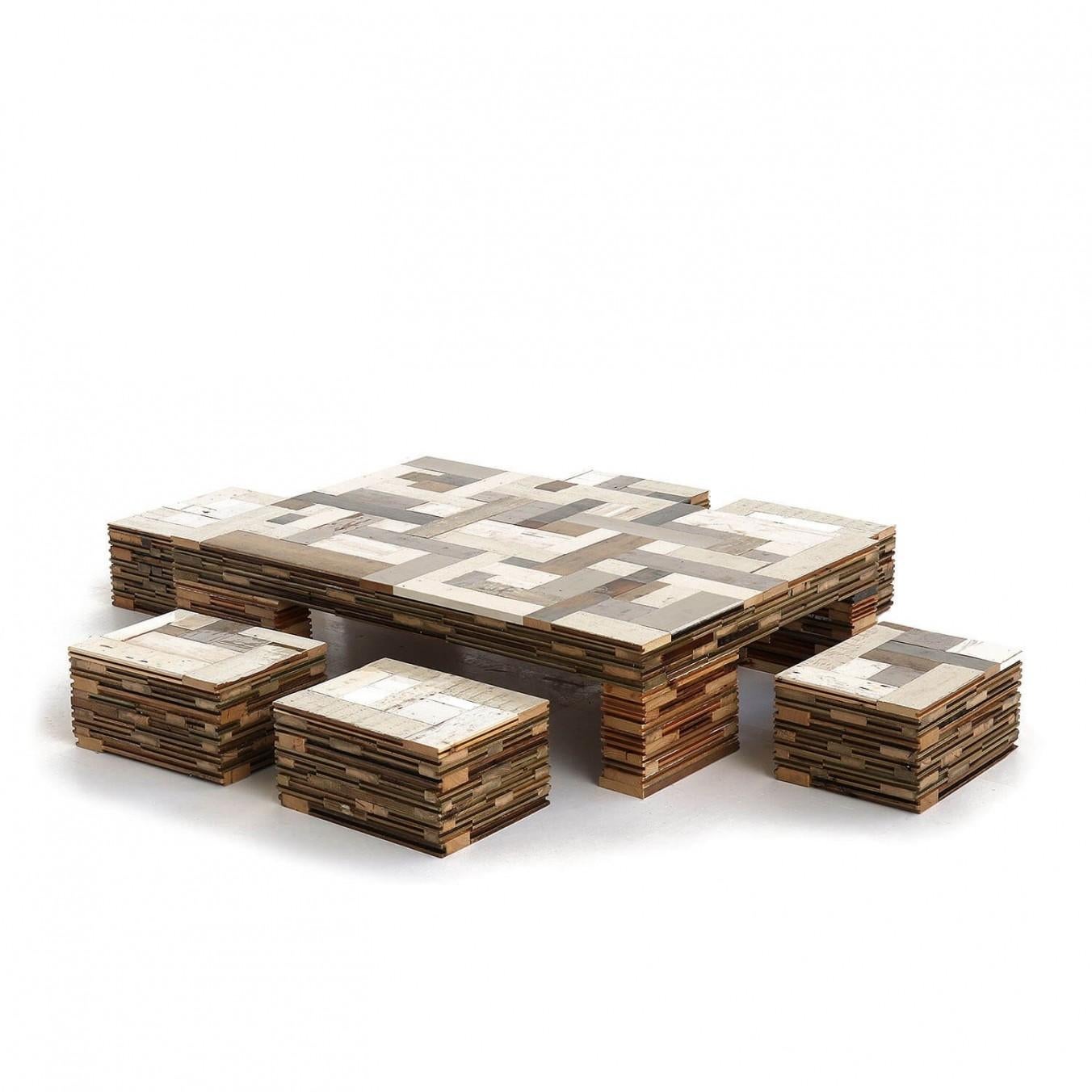 Wooden Coffee Table w/ 6 Stools, Waste Coffeecube in Scrapwood by Piet Hein Eek In New Condition For Sale In Warsaw, PL