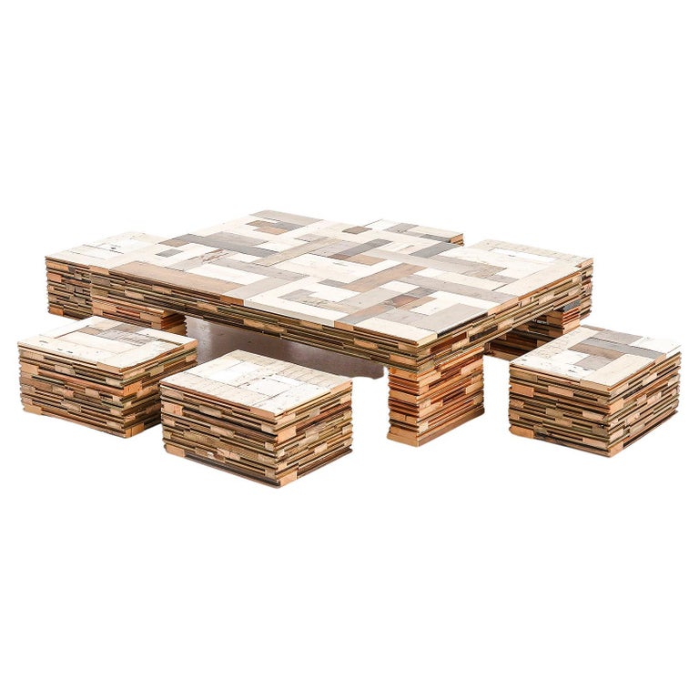 Wooden Coffee Table w/ 6 Stools, Waste Coffeecube in Scrapwood by 