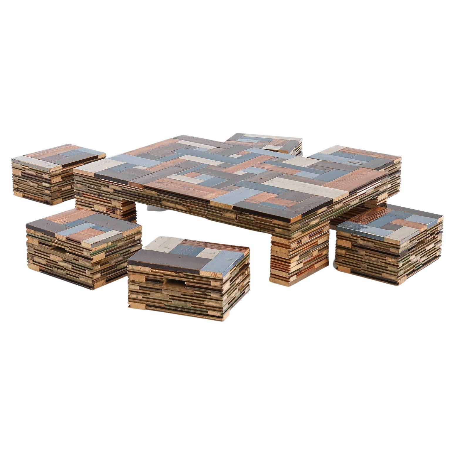 Wooden Coffee Table w/ 6 Stools, Waste Coffeecube in Scrapwood by Piet Hein Eek