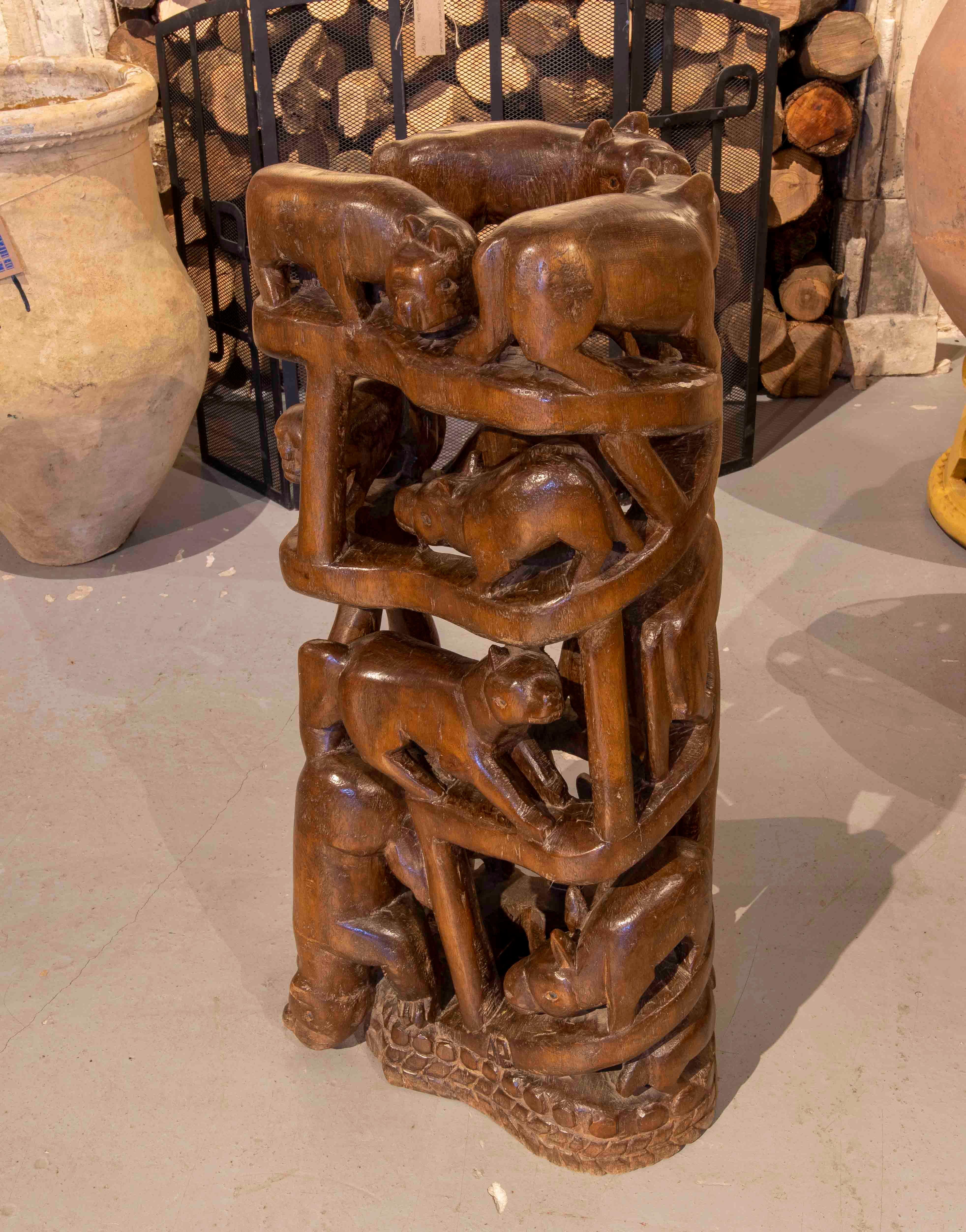 European Wooden Column with Full-Body Carved Animals For Sale