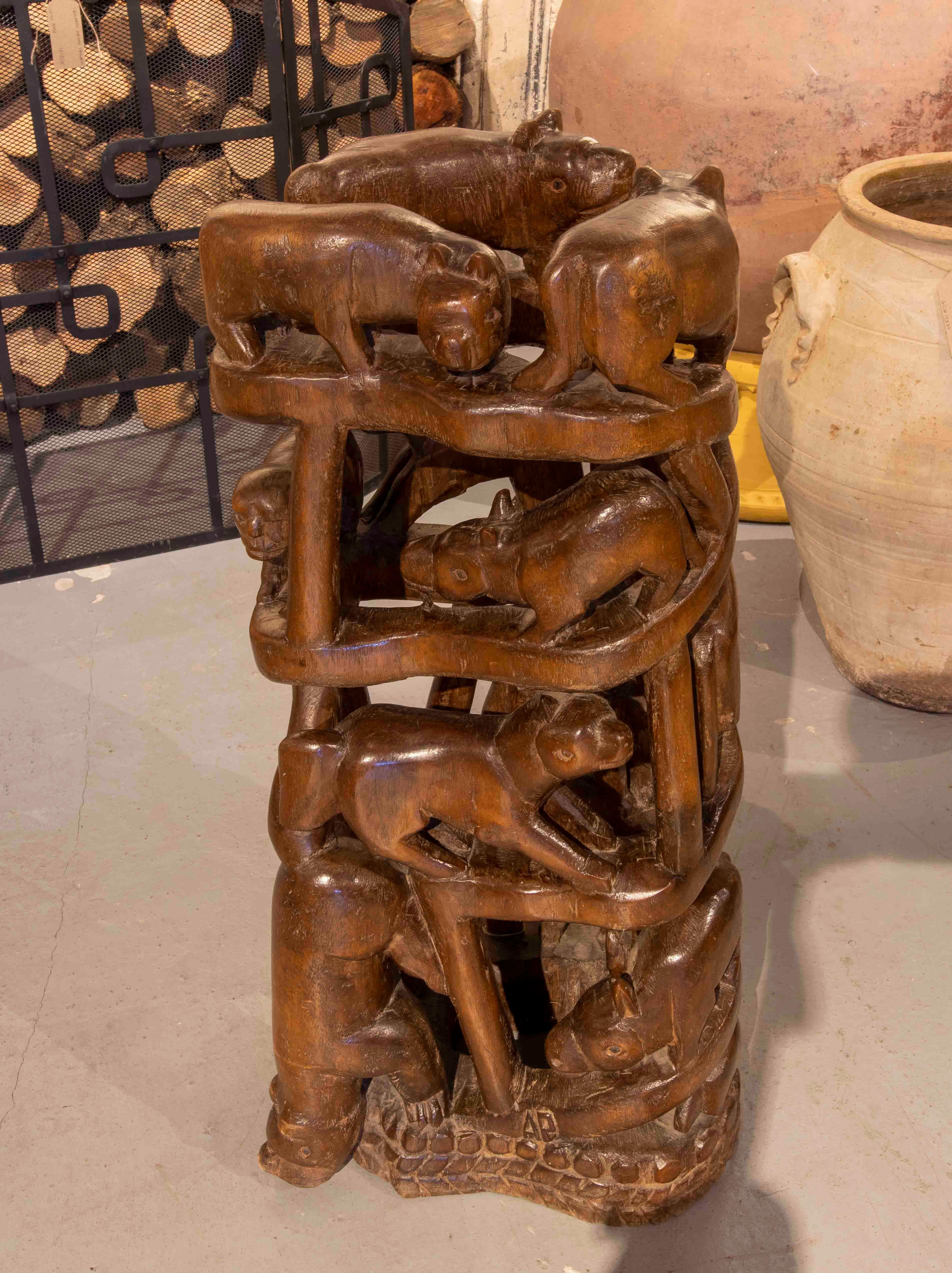20th Century Wooden Column with Full-Body Carved Animals For Sale