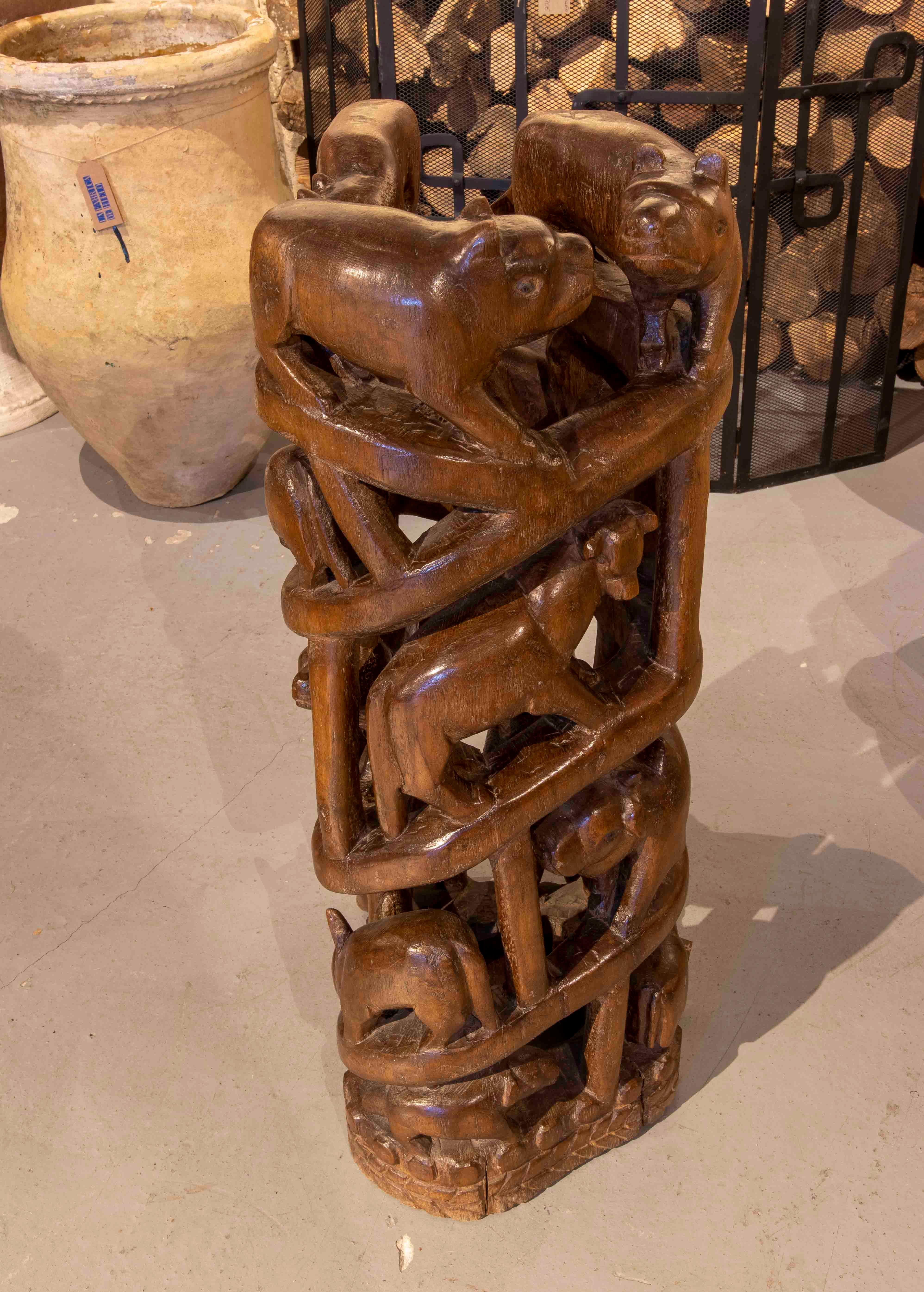 Wooden Column with Full-Body Carved Animals For Sale 1