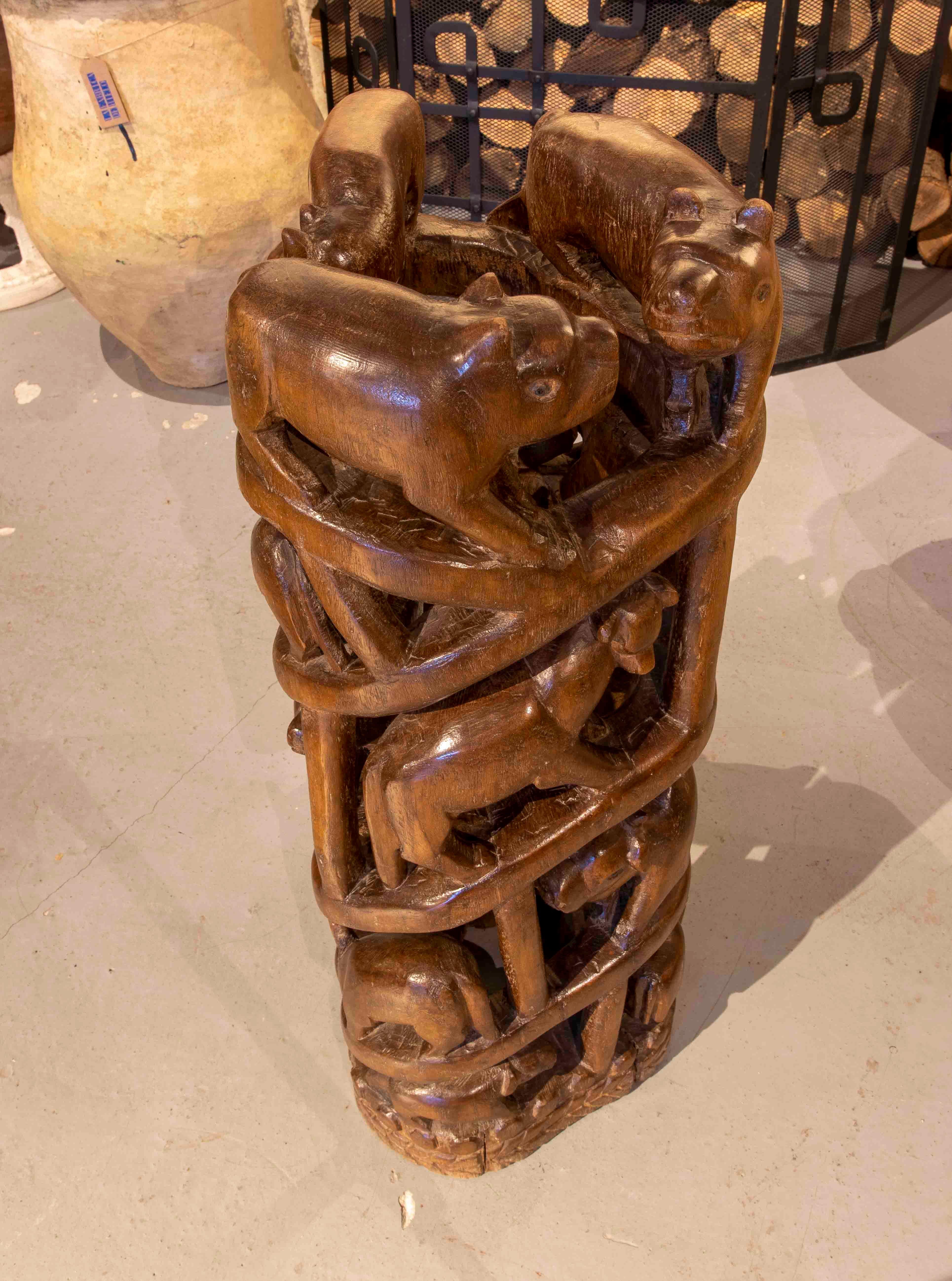 Wooden Column with Full-Body Carved Animals For Sale 2