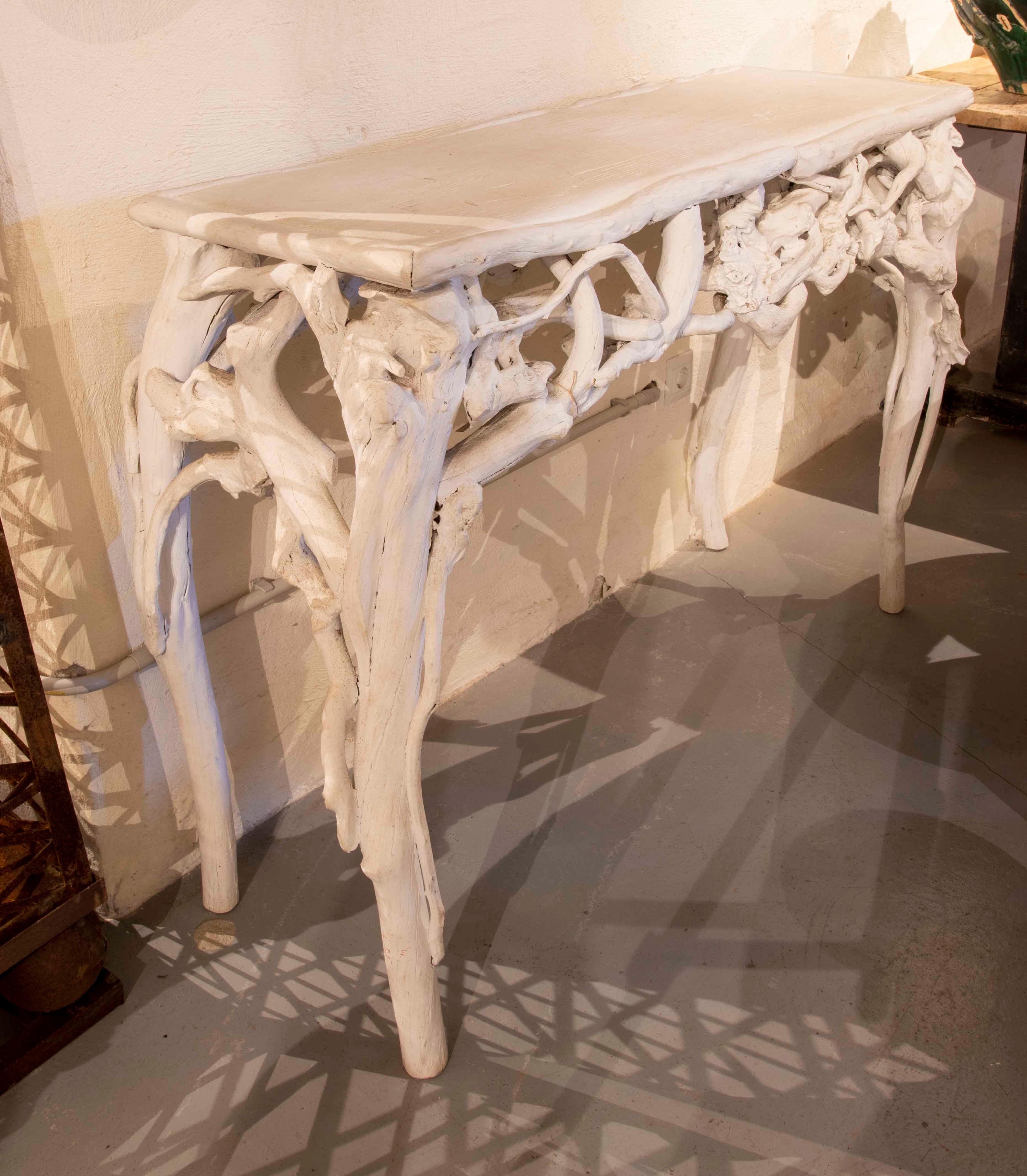 European Wooden Console Made of Logs Painted in White For Sale