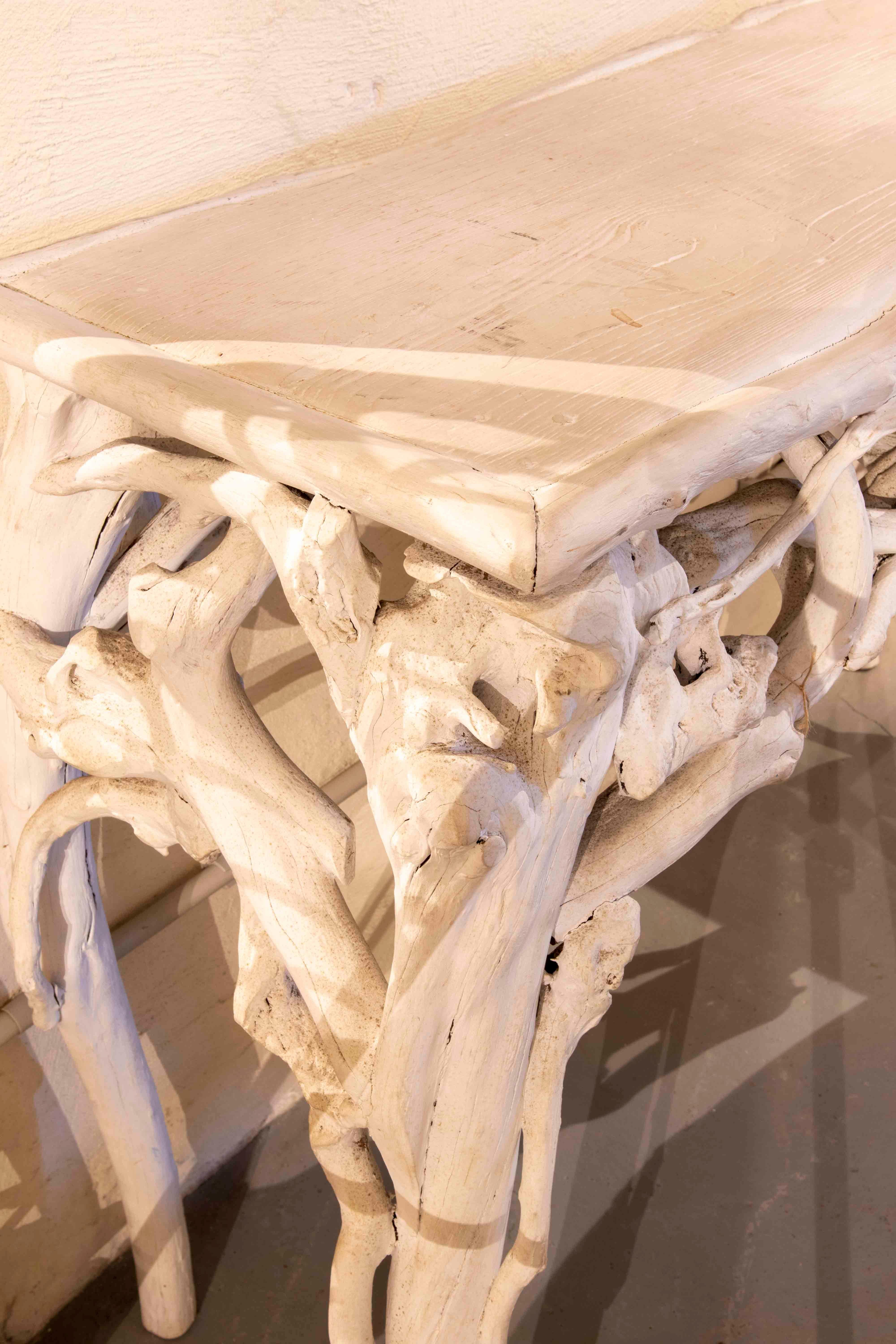 20th Century Wooden Console Made of Logs Painted in White For Sale