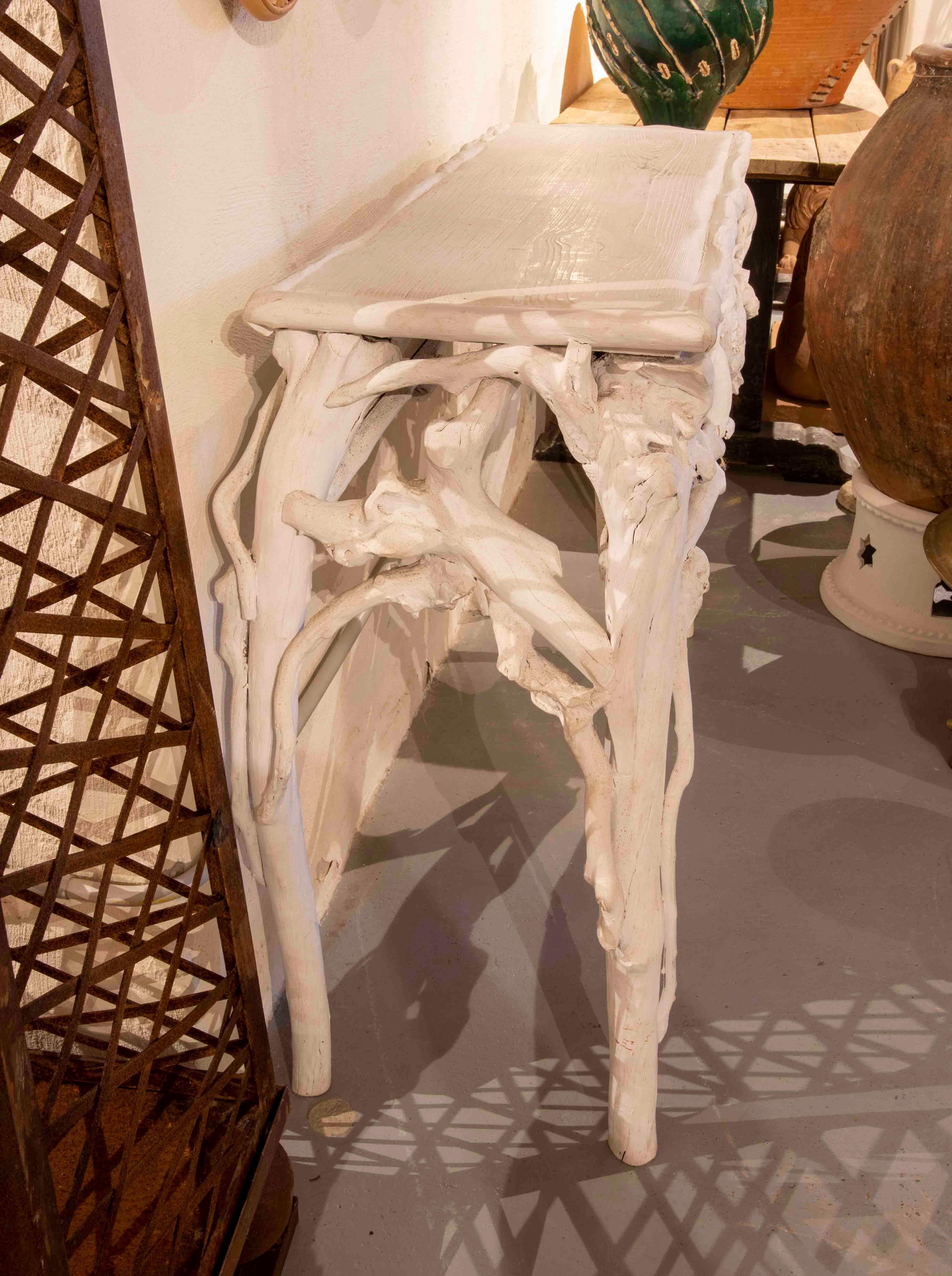 Wooden Console Made of Logs Painted in White 4