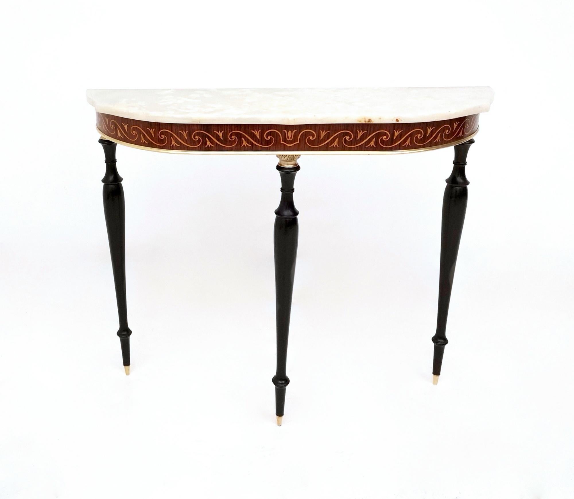 Mid-Century Modern Vintage  Wooden Console Table with Demilune Onyx Top and Inlaid Edges, Italy