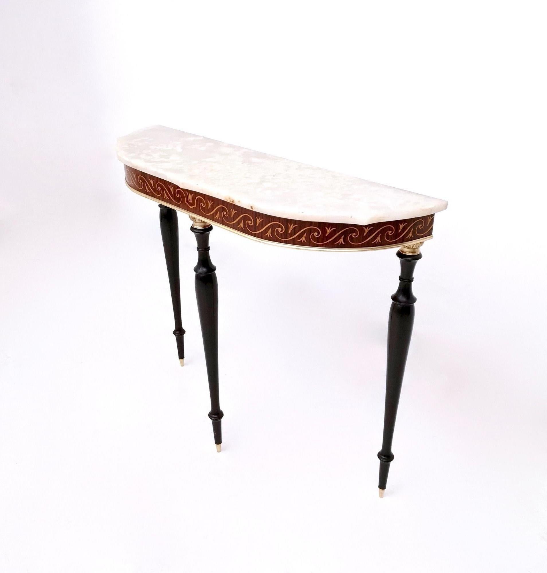 Italian Vintage  Wooden Console Table with Demilune Onyx Top and Inlaid Edges, Italy