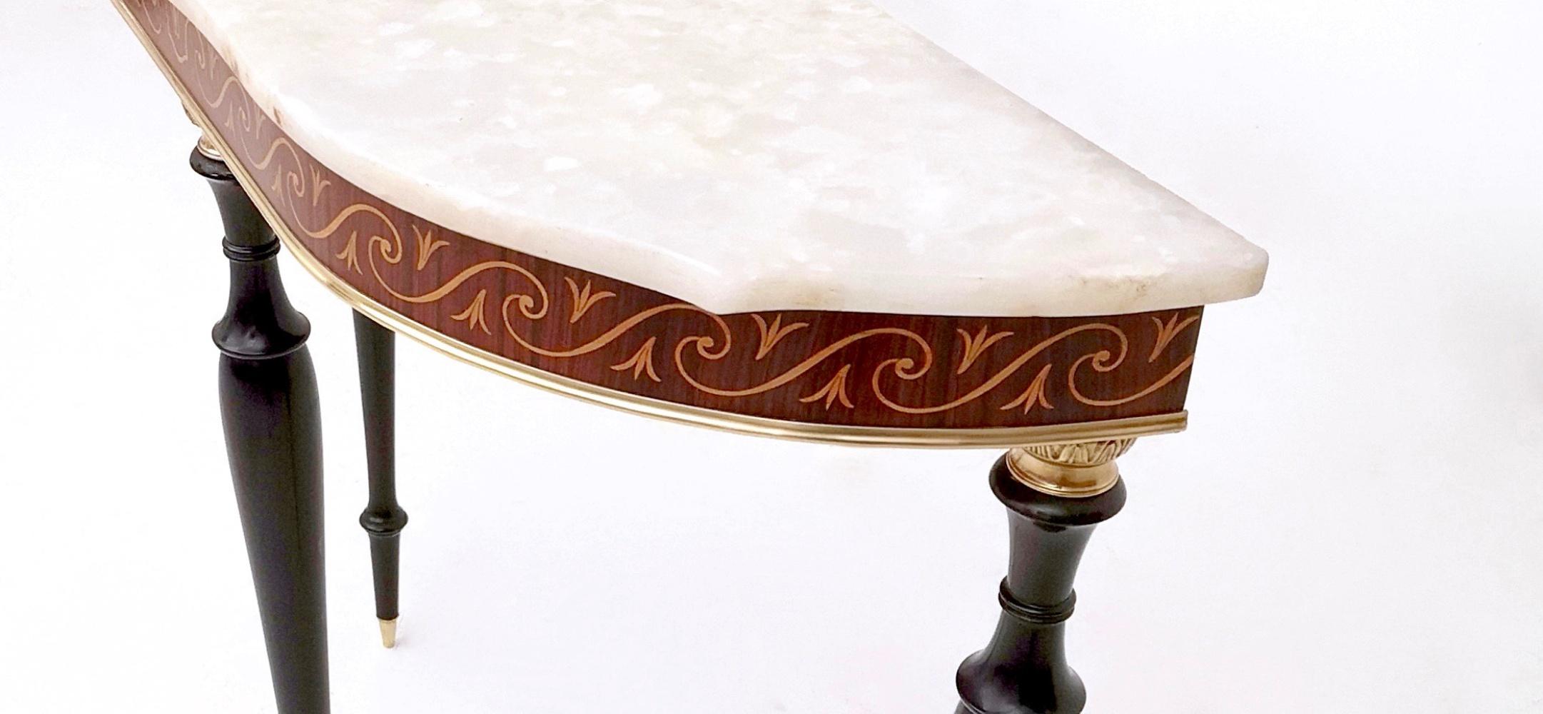 Mid-20th Century Vintage  Wooden Console Table with Demilune Onyx Top and Inlaid Edges, Italy