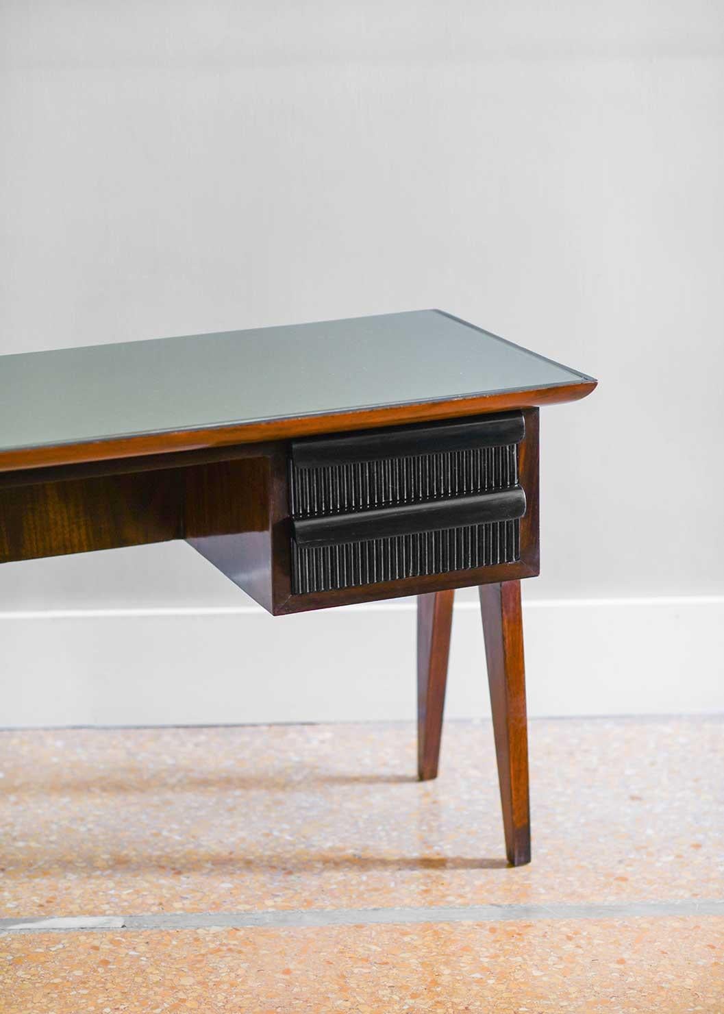 Italian Wooden console with colored glass top and drawers, Italy 1960