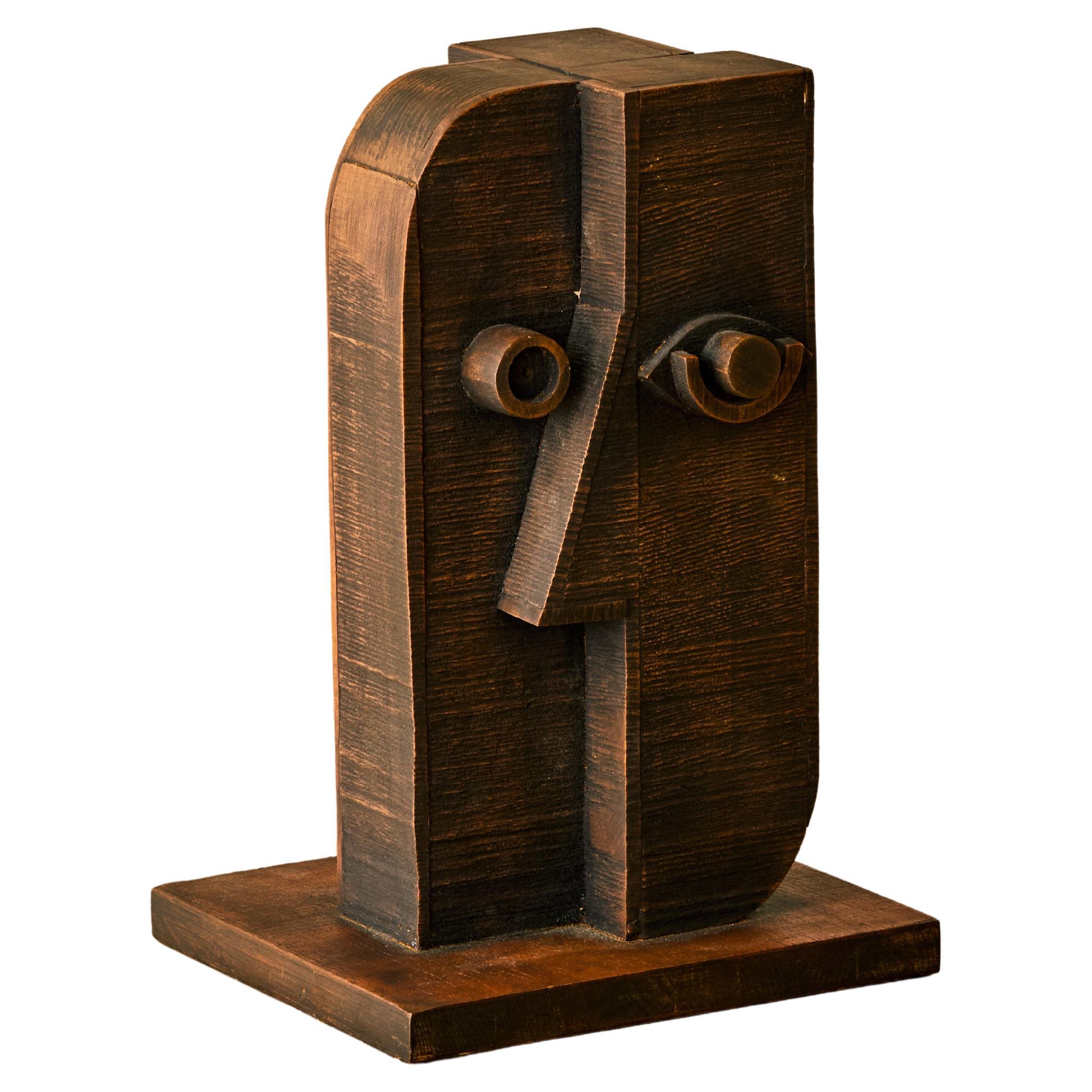 Wooden Cubist Face Sculpture by Atelier Boulogne