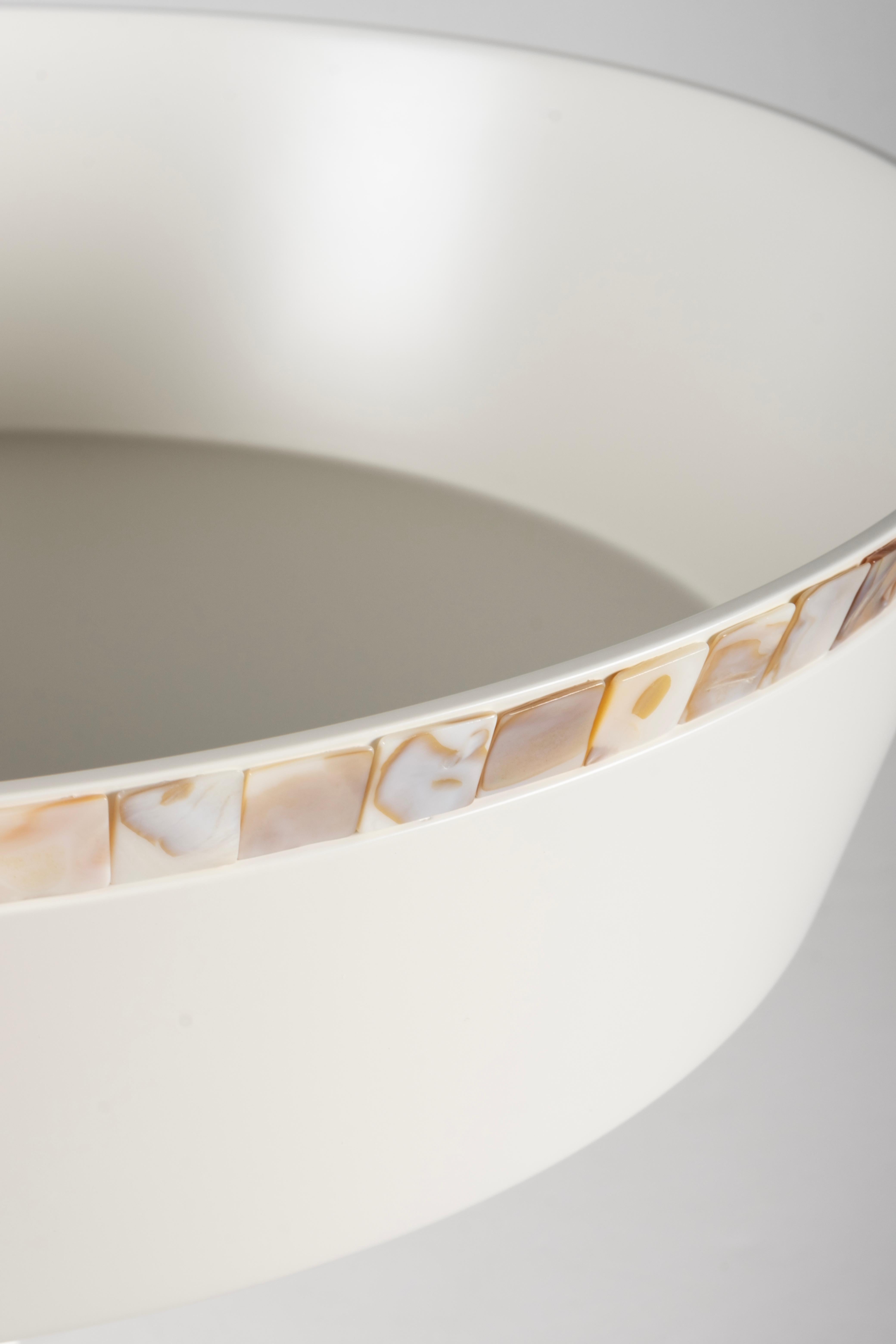 Lacquered Wooden Decorative Bowl White Mosaic Tiles Handmade in Portugal by Lusitanus Home For Sale