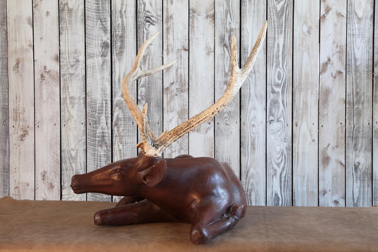 Hand-Crafted Wooden Deer Sculpture