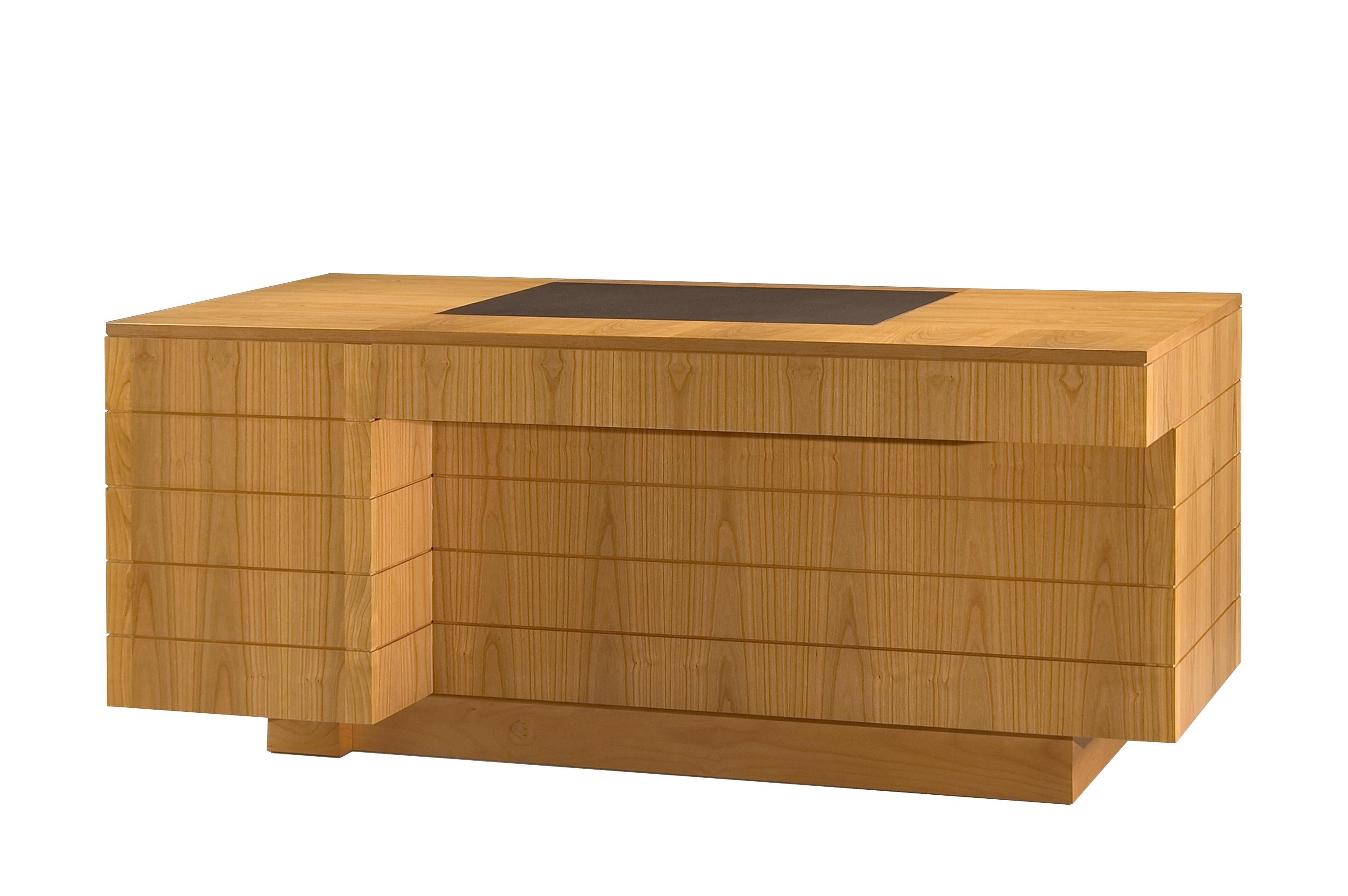 Contemporary Wooden Desk Made of Cherry Wood with Leather Top and Drawers, by Morelato