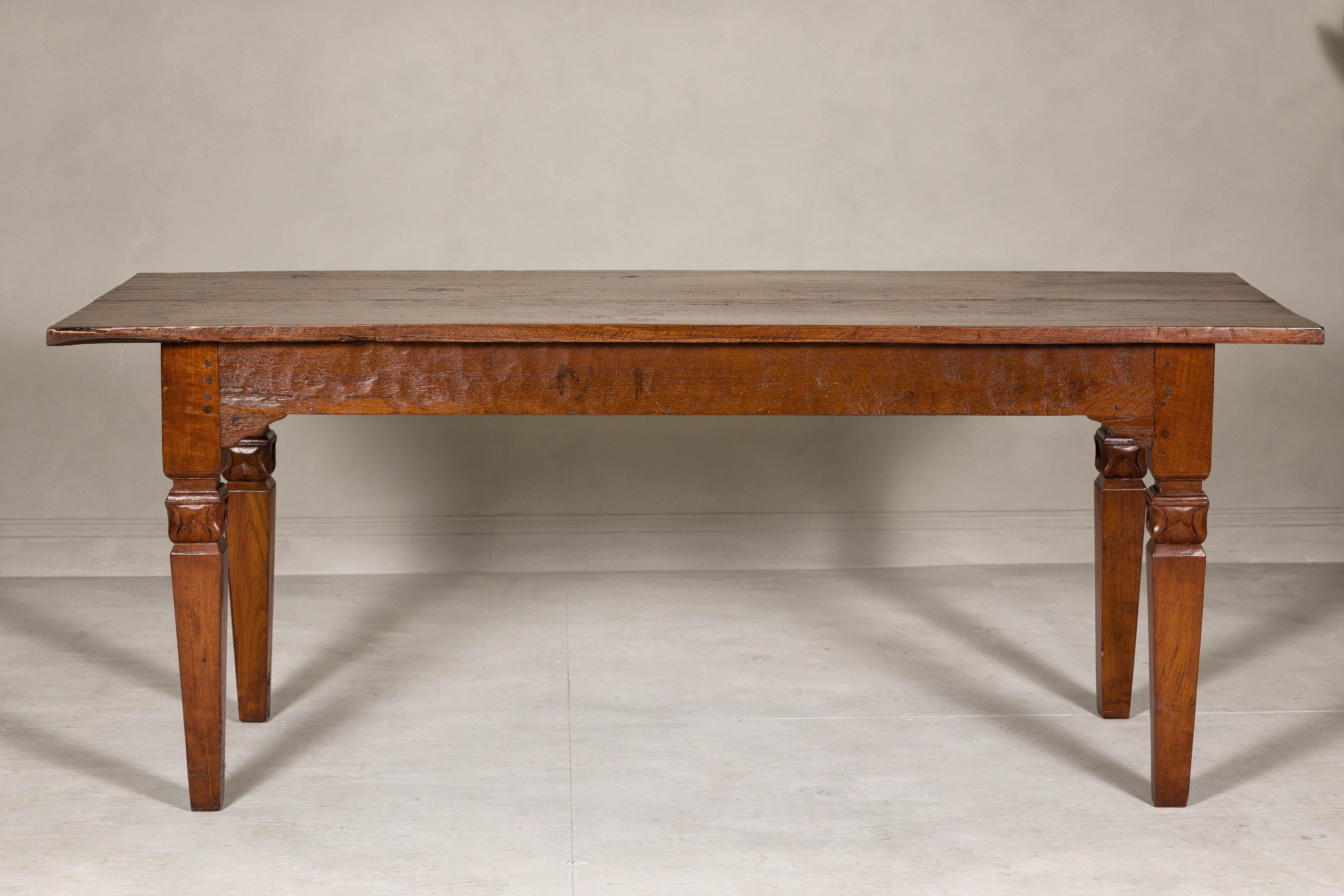 Carved Wooden Dining Room Table with Lotiform Capitals and Custom Satin Finish For Sale
