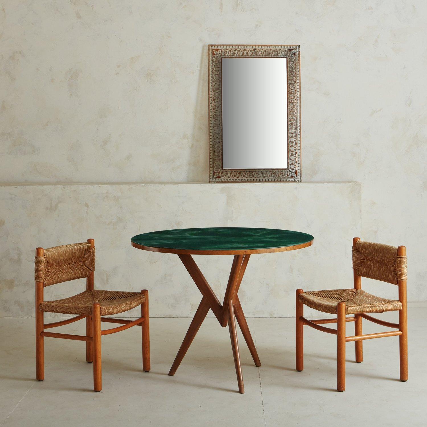 Mid-Century Modern Wooden Dining Table with Green Marble Effect Glass Top, 20th Century