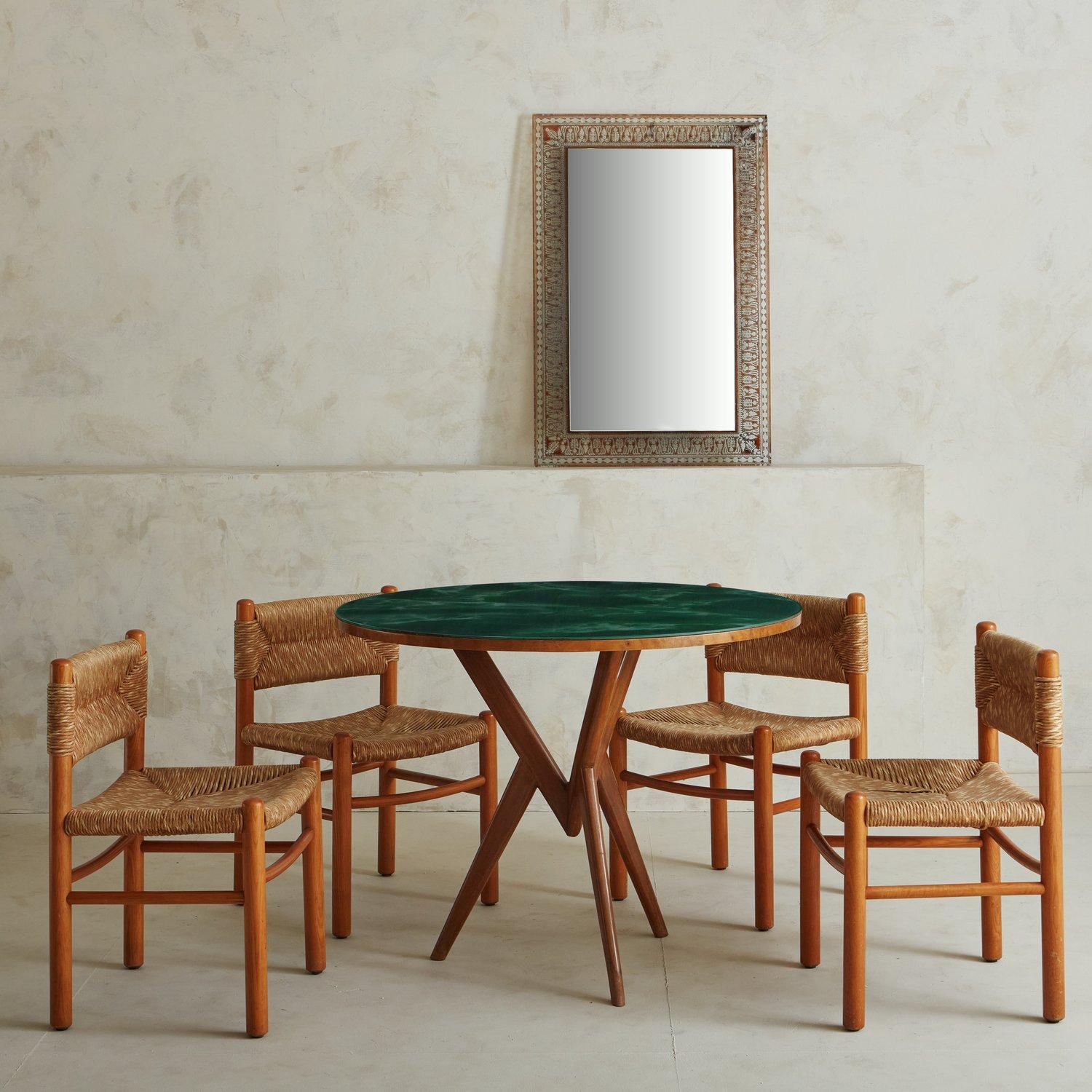 Italian Wooden Dining Table with Green Marble Effect Glass Top, 20th Century