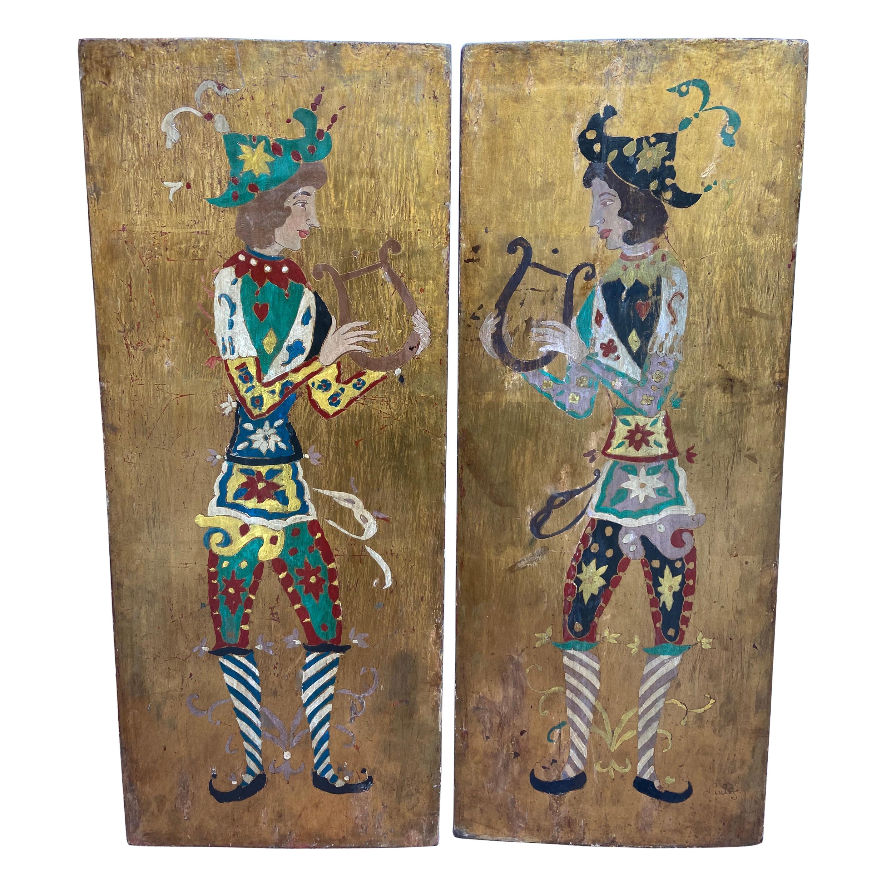 Wooden Diptych, Lyre Players, 19th Century For Sale