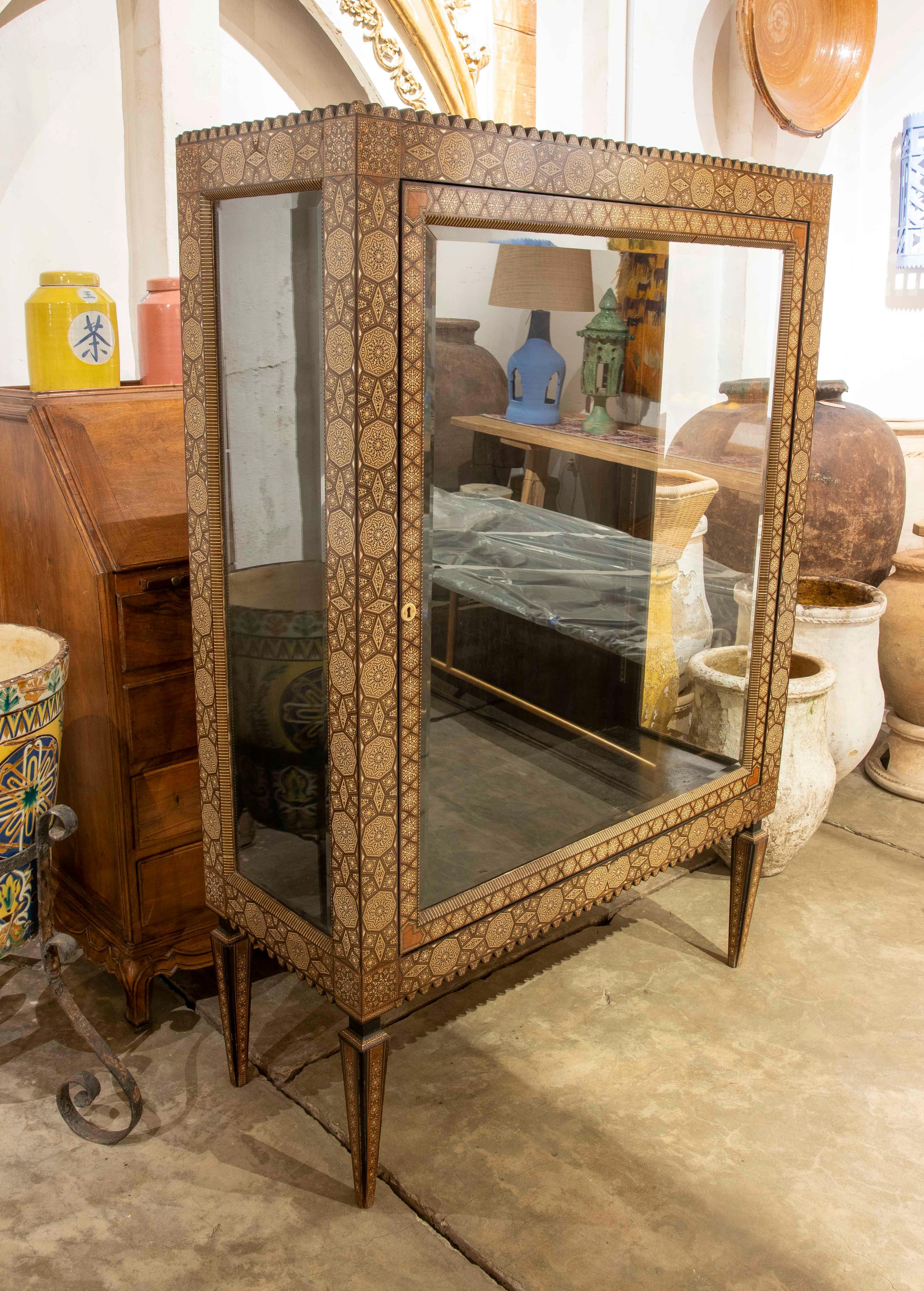 Moroccan Wooden Display Cabinet with Geometrical Inlay and Front Door For Sale
