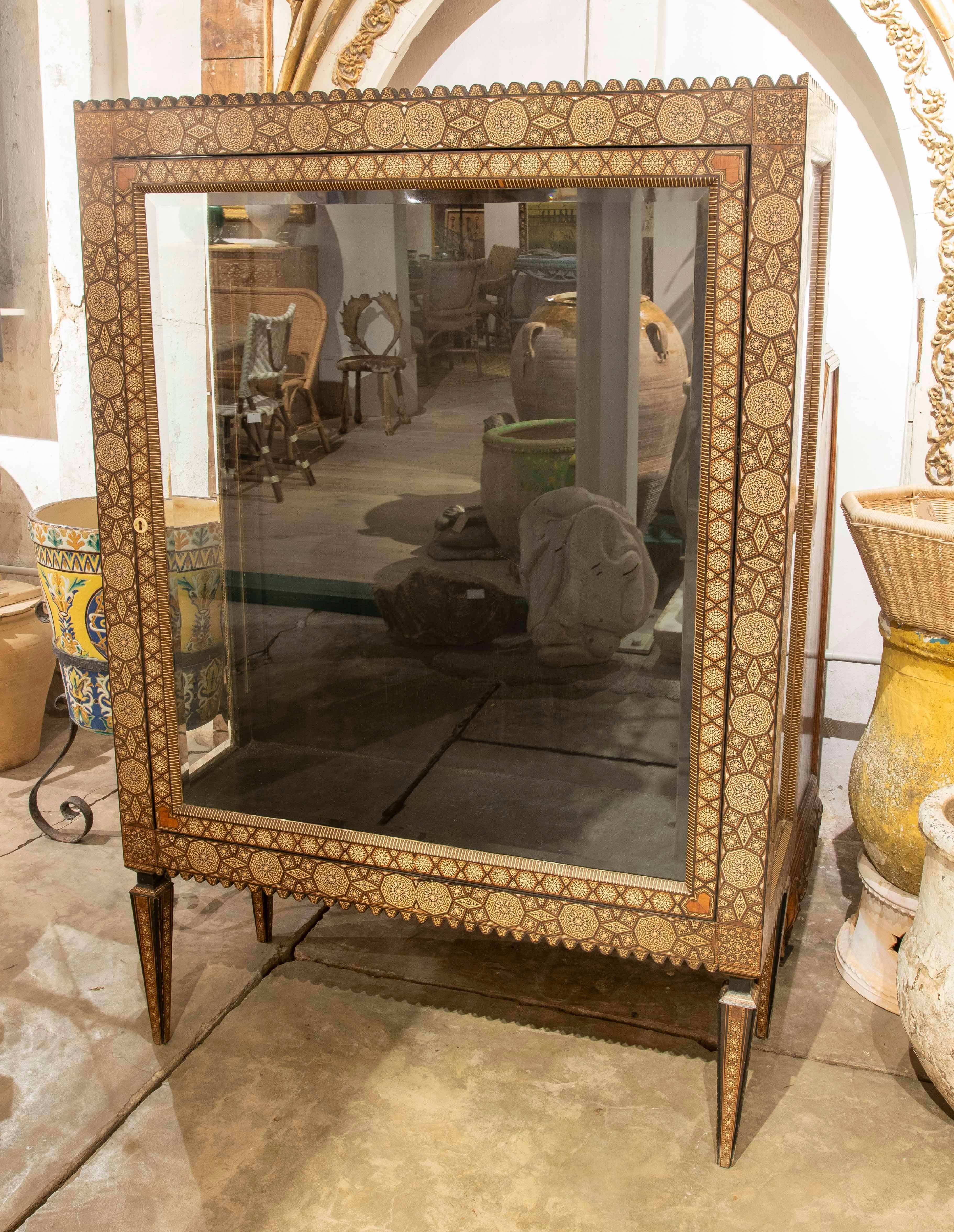 Wooden Display Cabinet with Geometrical Inlay and Front Door For Sale 1