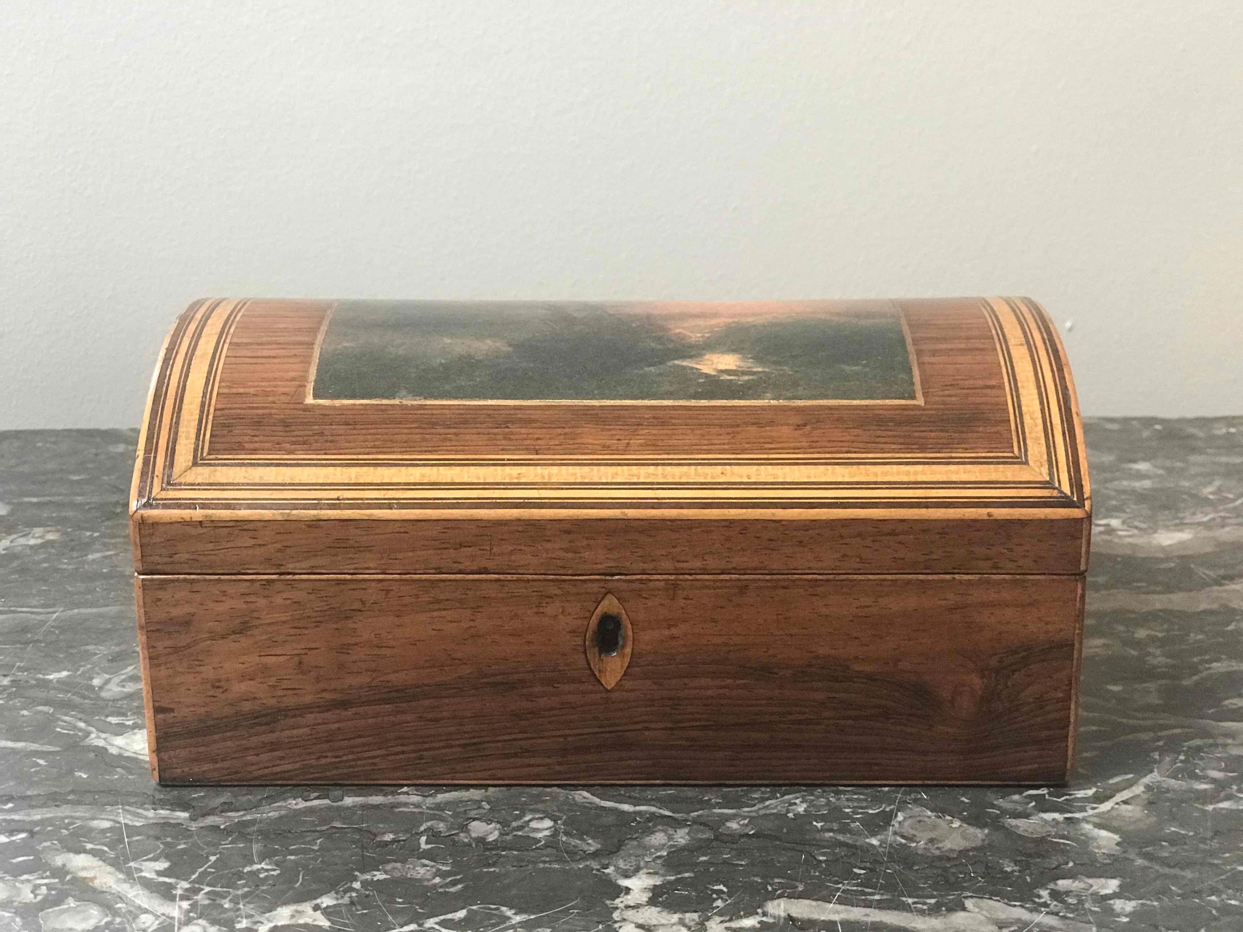 Late Victorian Wooden Dome Box with Seascape Scene from 1880s England
