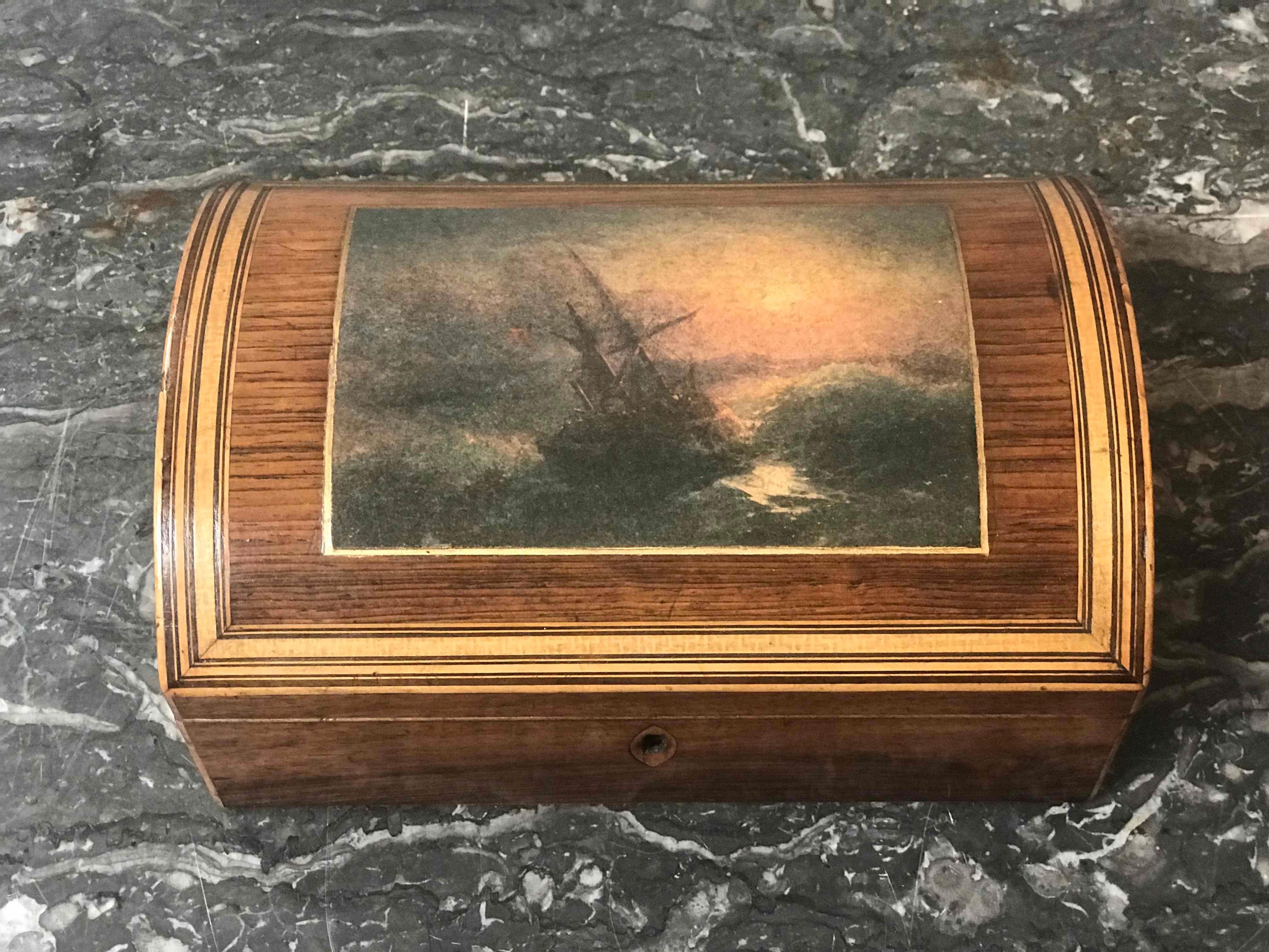 English Wooden Dome Box with Seascape Scene from 1880s England