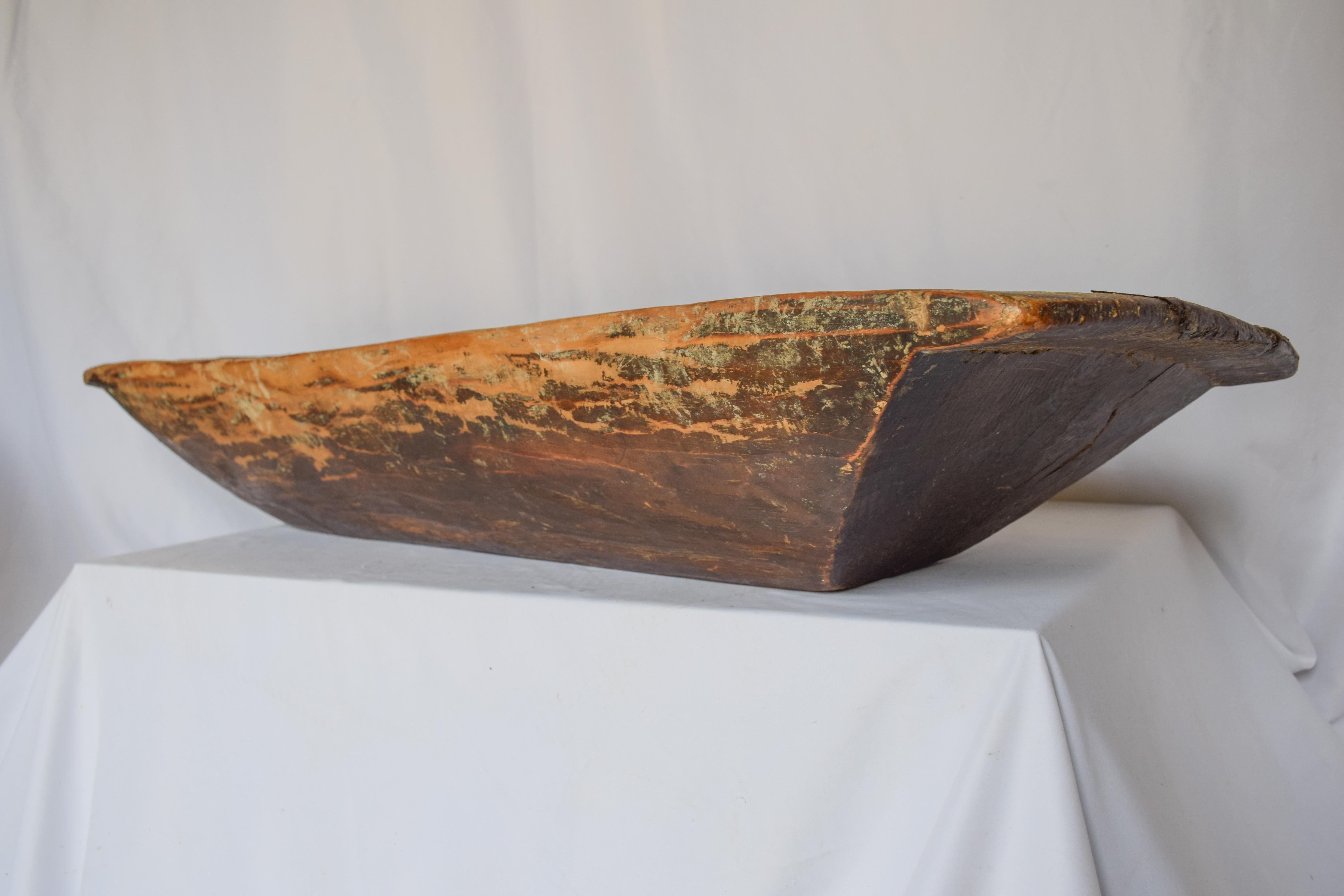 Wooden Dough Bowl Trough Hand Carved with Metal Reinforcements For Sale 4