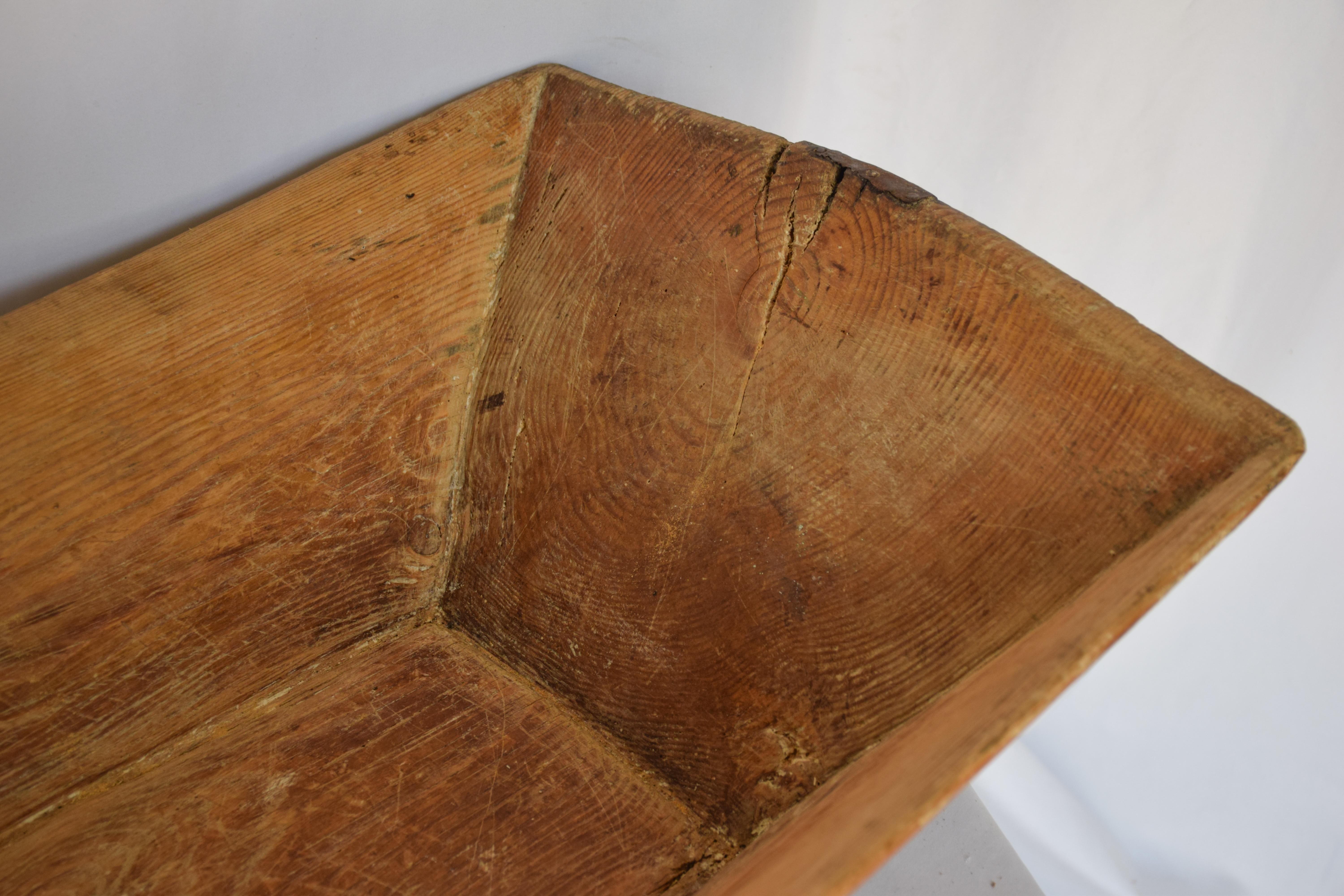 Wooden Dough Bowl Trough Hand Carved with Metal Reinforcements In Good Condition For Sale In Houston, TX