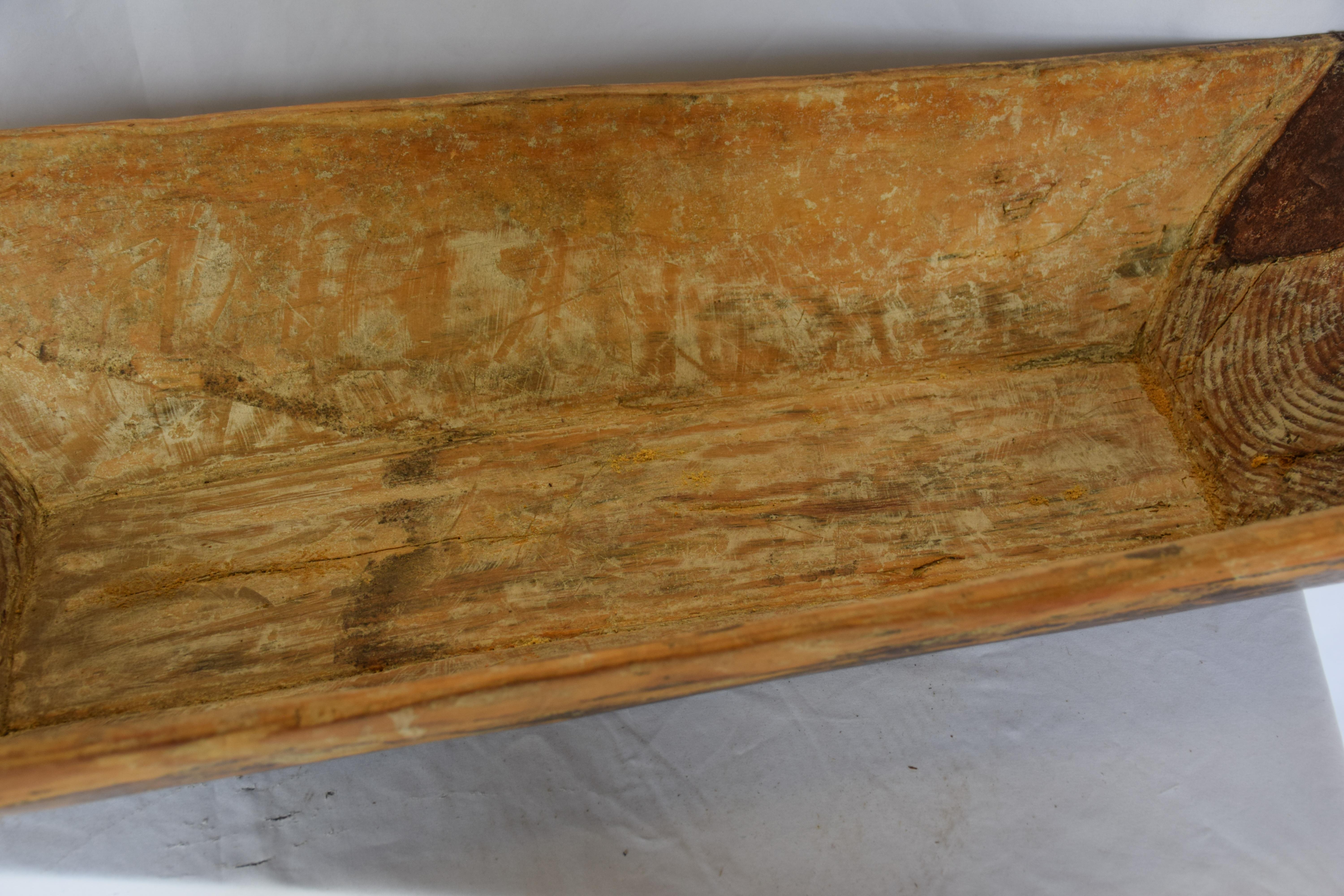 Wooden Dough Bowl Trough Hand Carved with Metal Reinforcements In Good Condition For Sale In Houston, TX