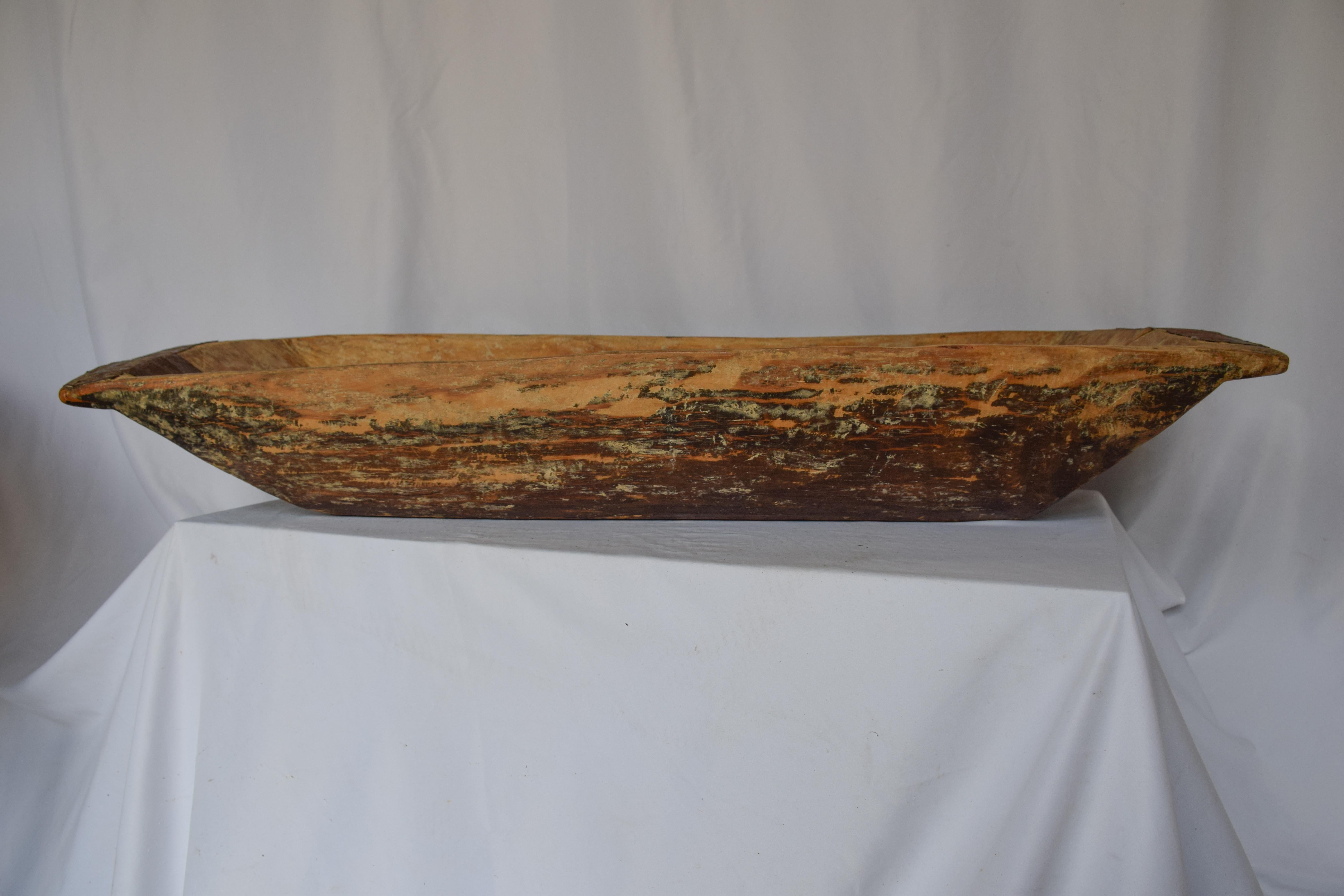 20th Century Wooden Dough Bowl Trough Hand Carved with Metal Reinforcements For Sale