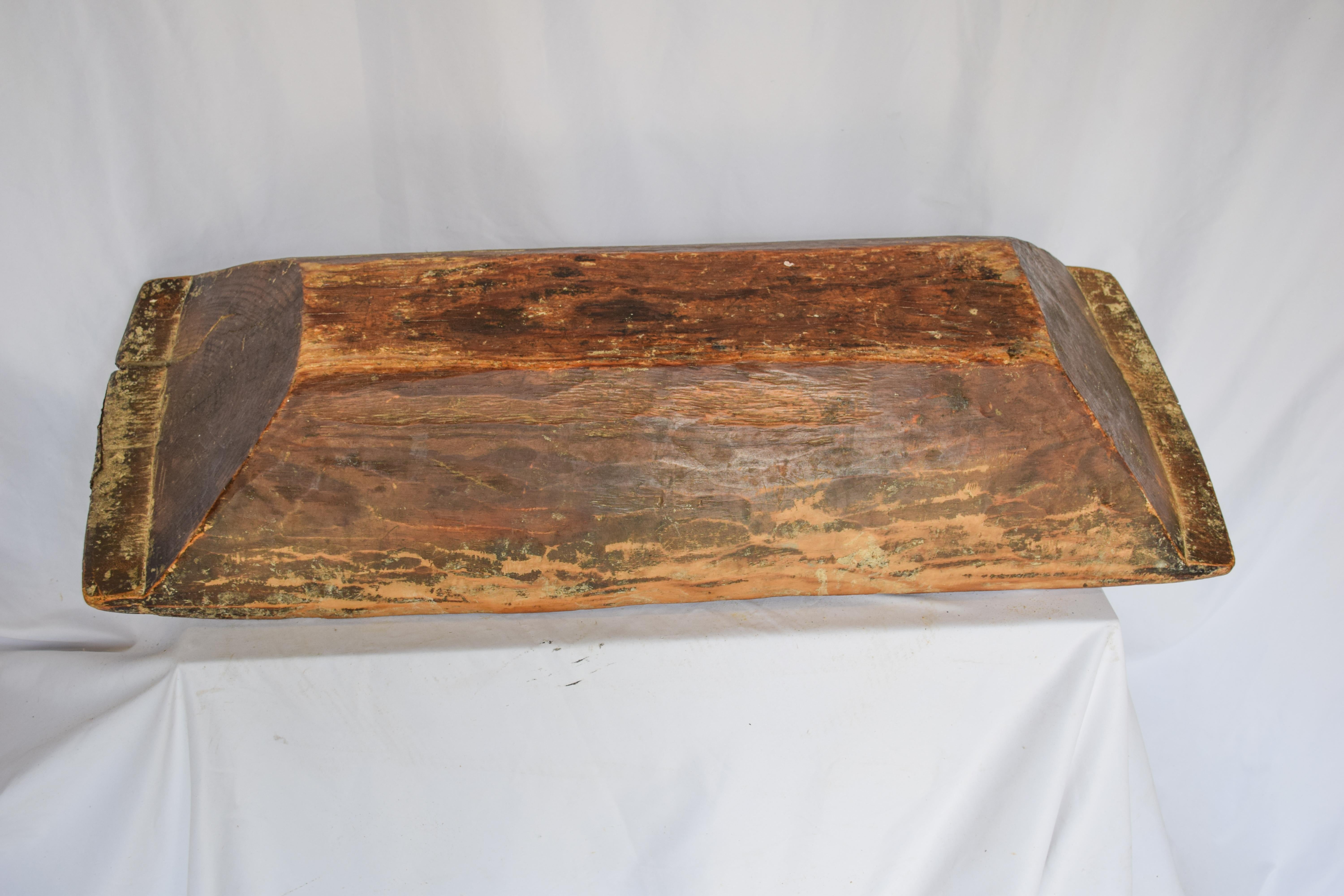 Wooden Dough Bowl Trough Hand Carved with Metal Reinforcements For Sale 2