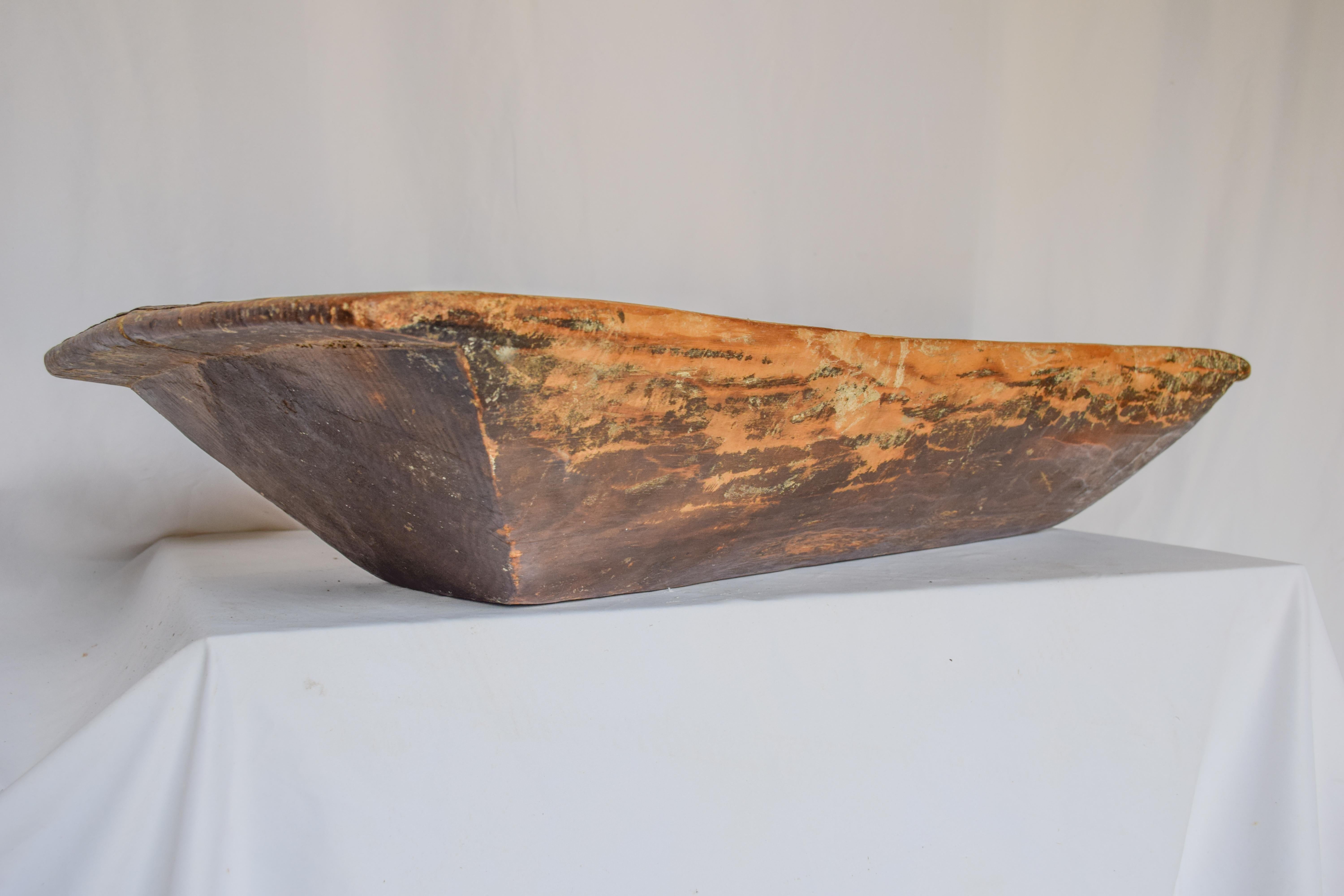 Wooden Dough Bowl Trough Hand Carved with Metal Reinforcements For Sale 3