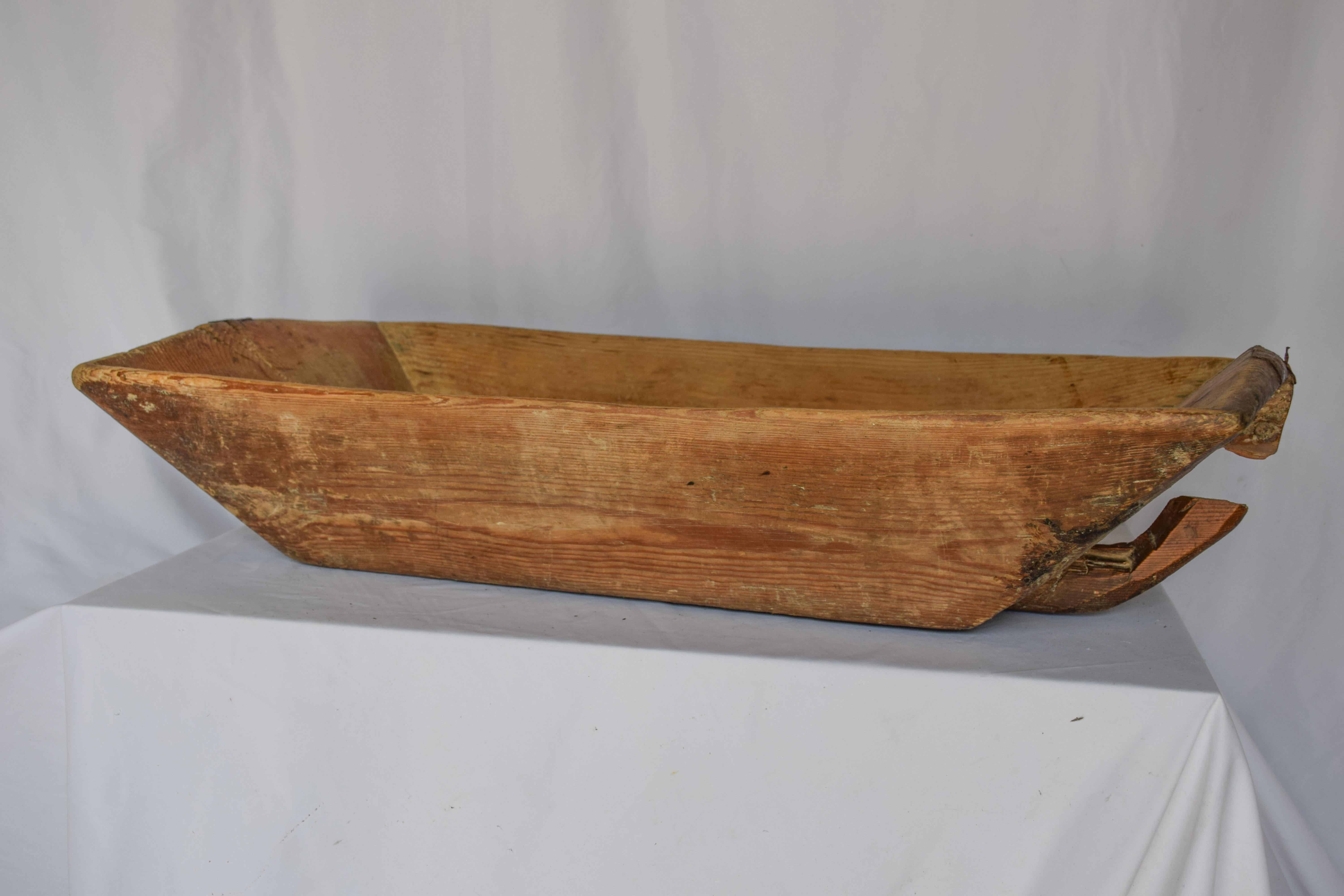 Wooden Dough Bowl Trough Hand Carved with Metal Reinforcements For Sale 4
