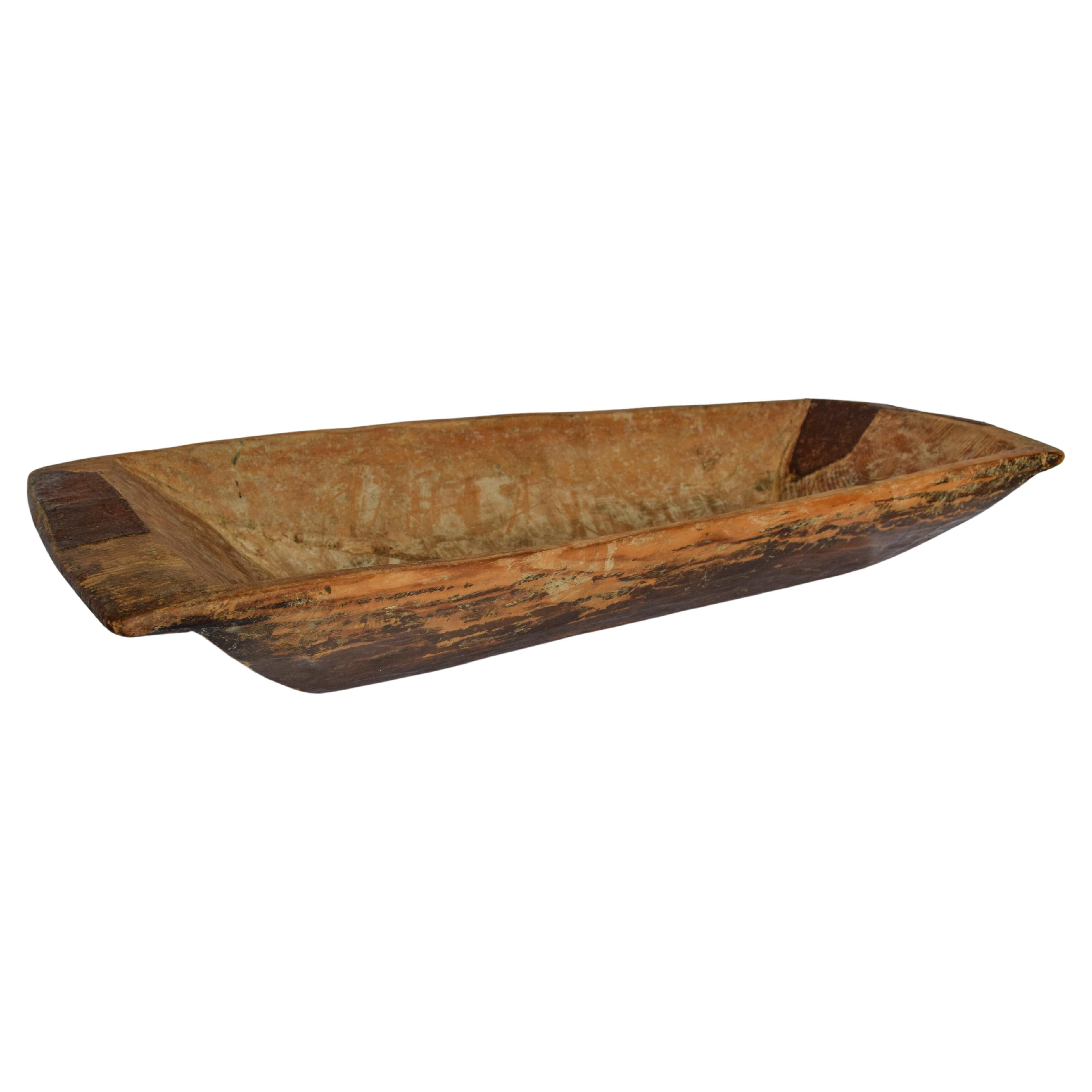 Wooden Dough Bowl Trough Hand Carved with Metal Reinforcements For Sale