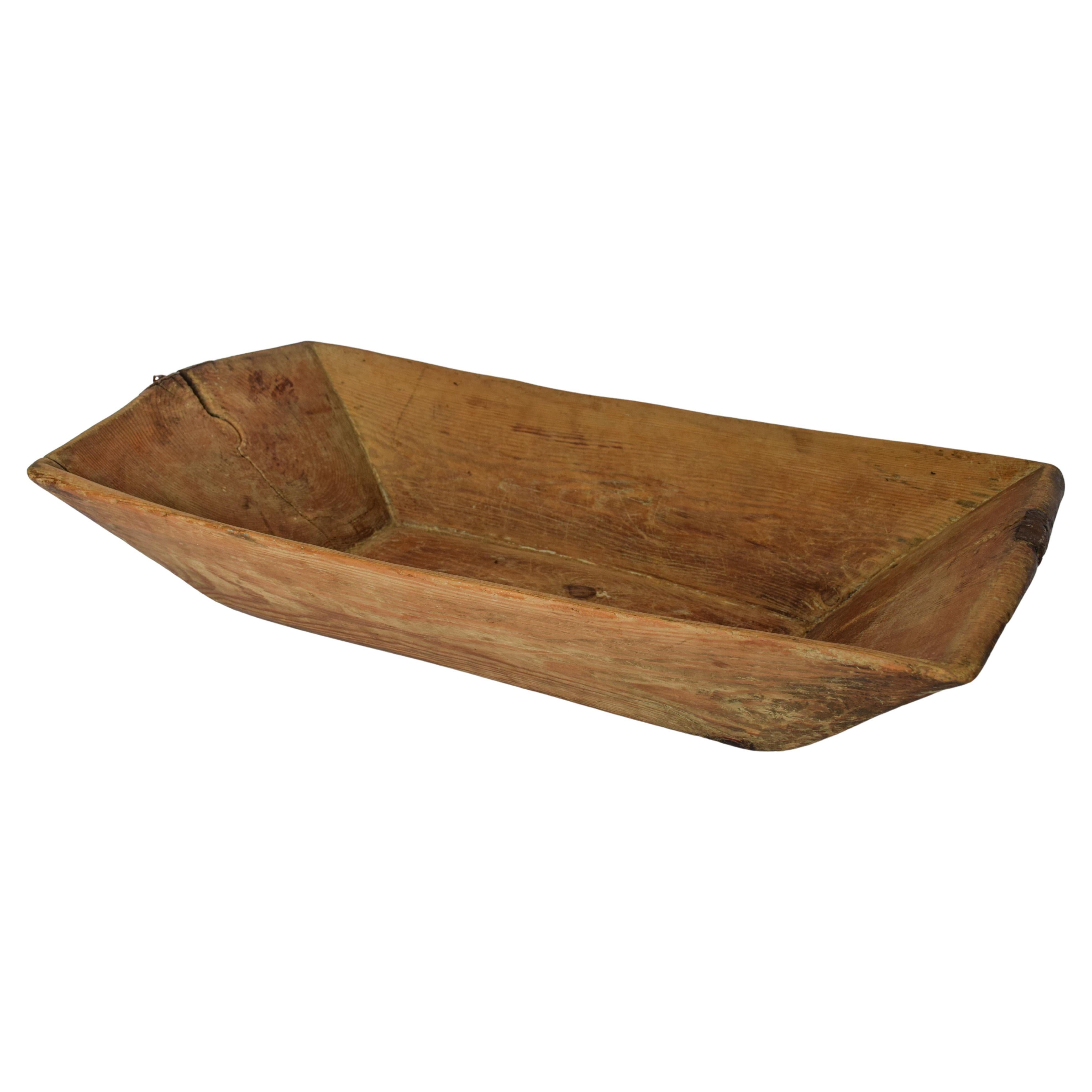 Wooden Dough Bowl Trough Hand Carved with Metal Reinforcements For Sale