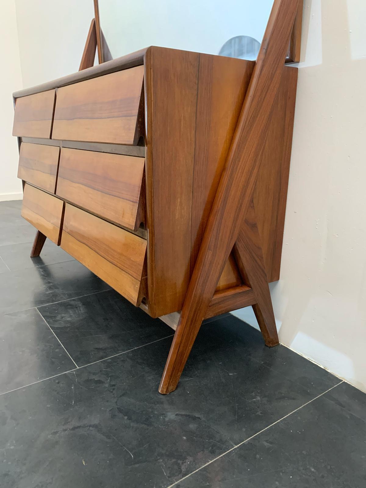Wooden dresser with mirror with diagonal drawers, 1960s For Sale 1