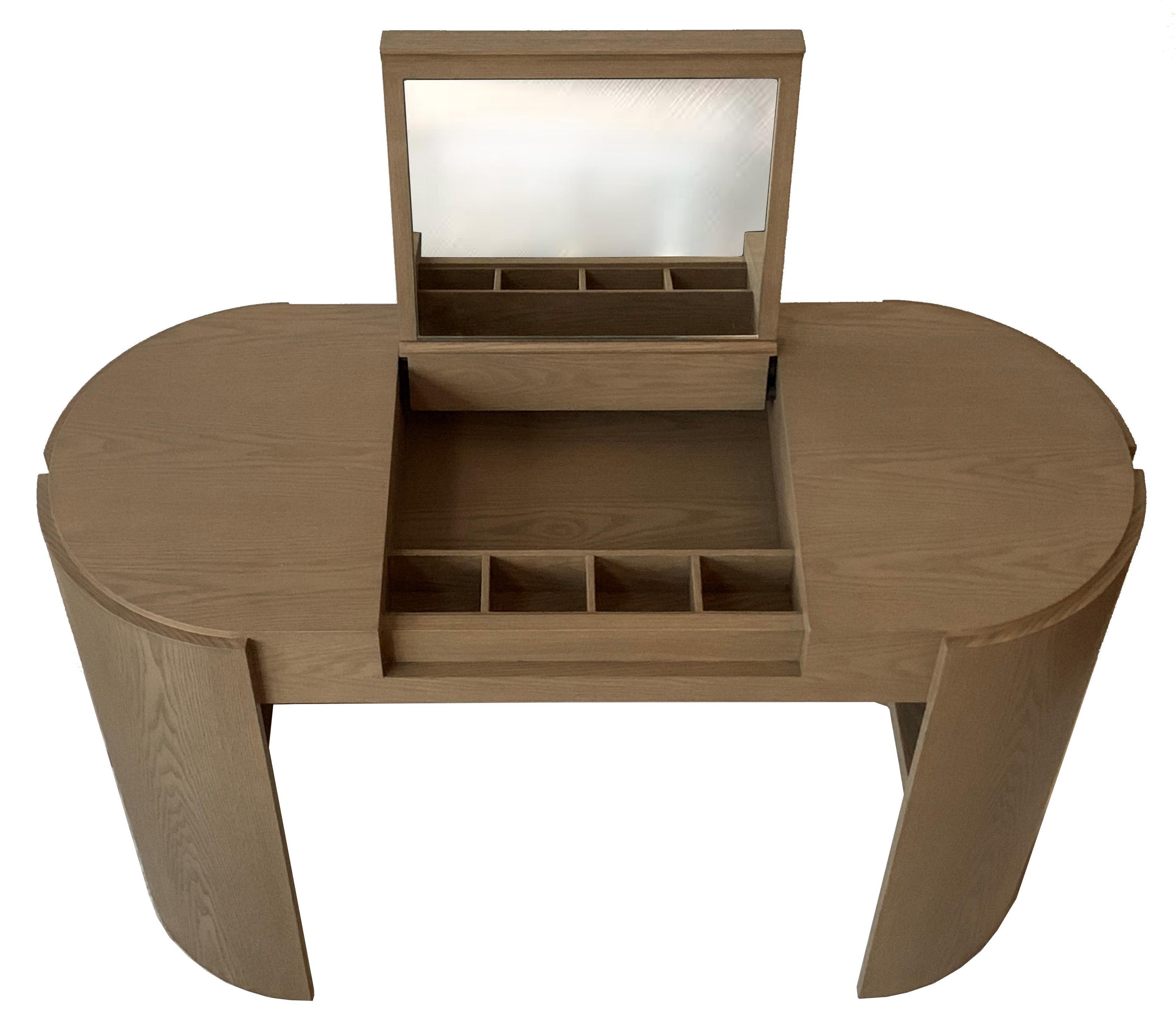 Description: Geometry dressing table
Color: Grey
Size: 116 x 50 x 73 H cm
Material: Oak
Collection: Interlock

Wooden dressing table grey oak veneer with mirror.
Geometric design.
Customisable sizes upon request.