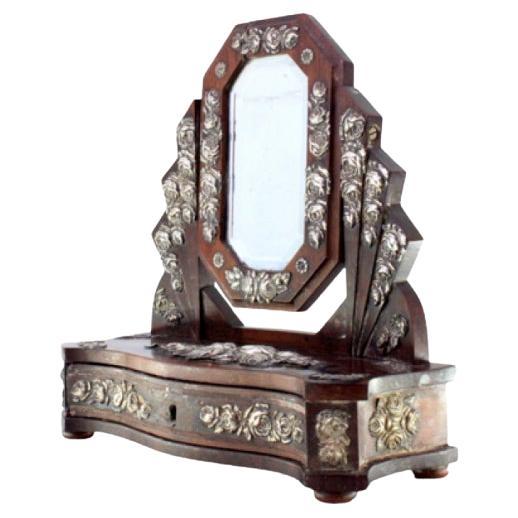 Wooden dressing table with silver rose-shaped applications, mirror and drawer