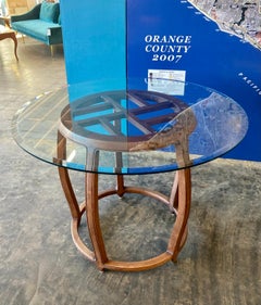Wooden Drum Frame Table with Beveled Glass Top