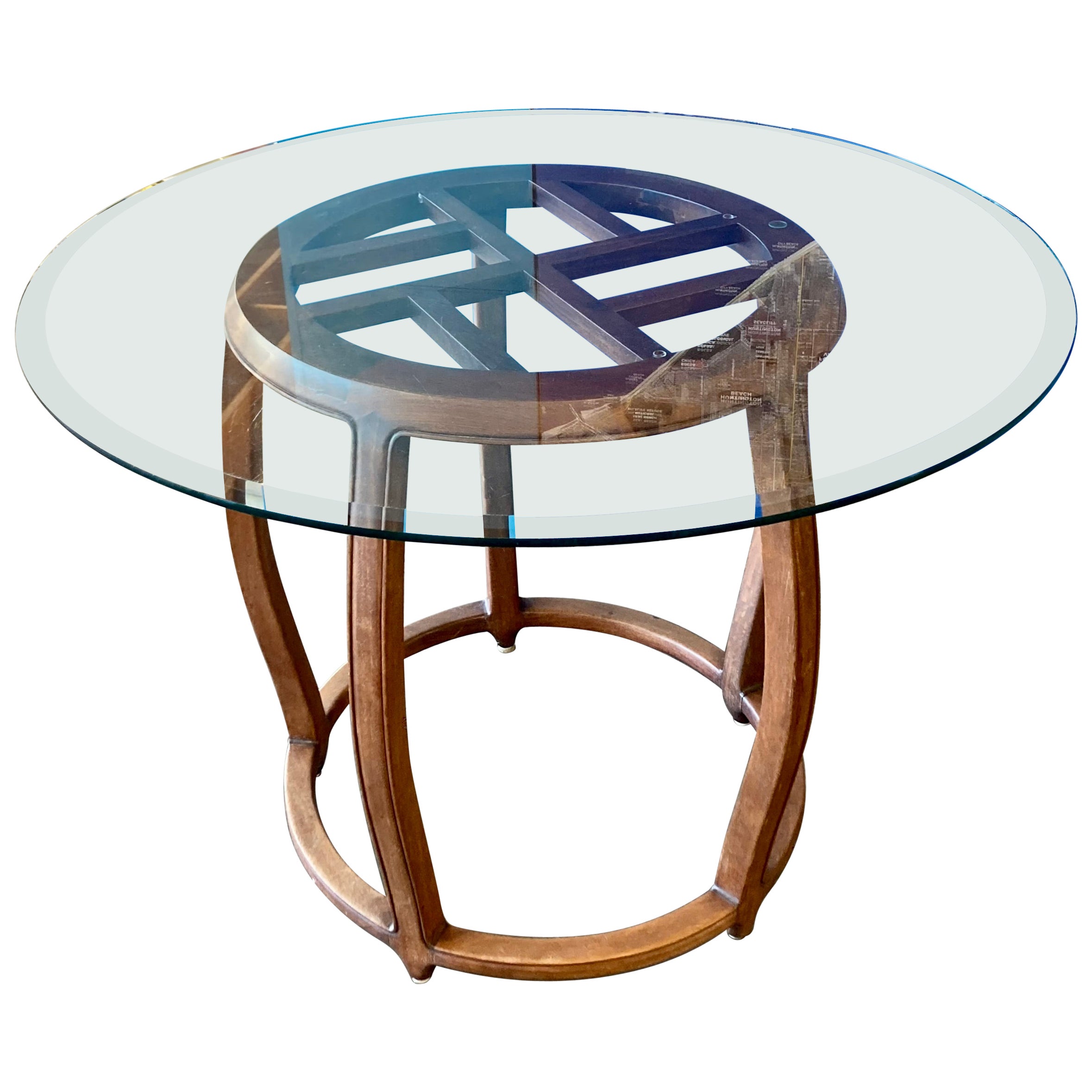 Wooden Drum Frame Table with Beveled Glass Top For Sale