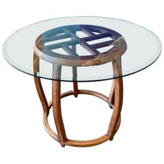 Wooden Drum Frame Table with Beveled Glass Top